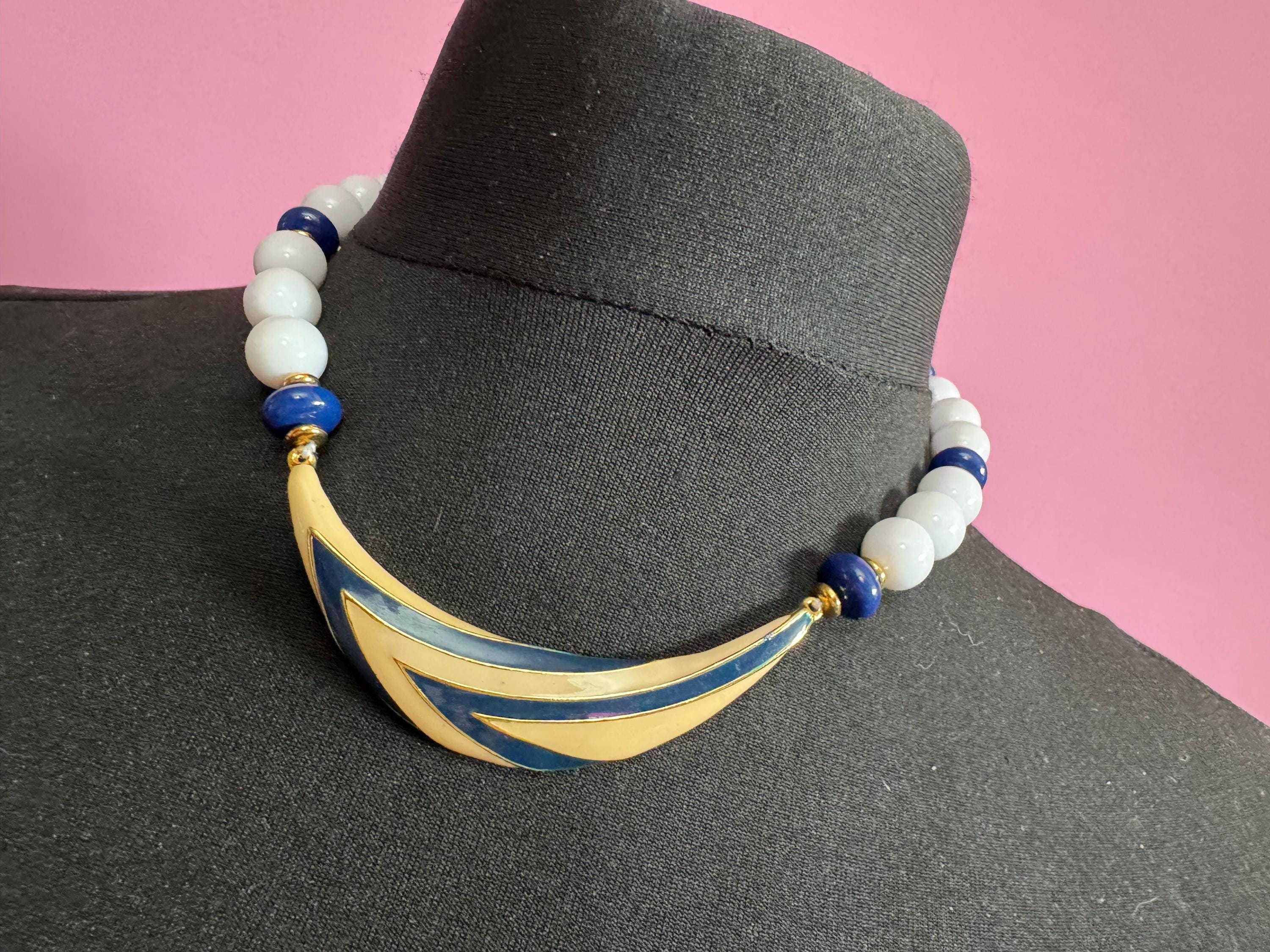 Vintage blue, beige and white enamel beaded plastic necklace, nautical style