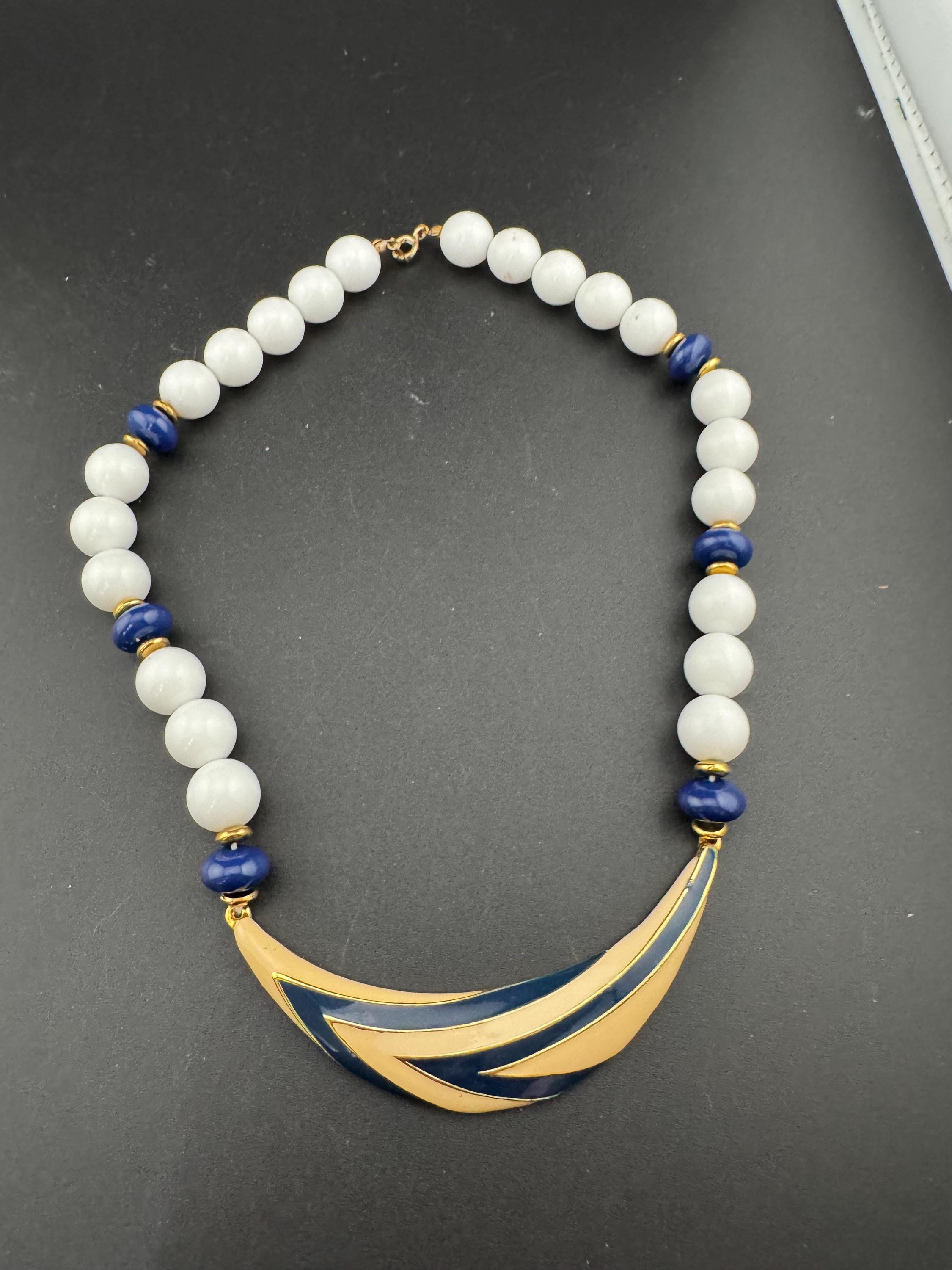 Vintage blue, beige and white enamel beaded plastic necklace, nautical style