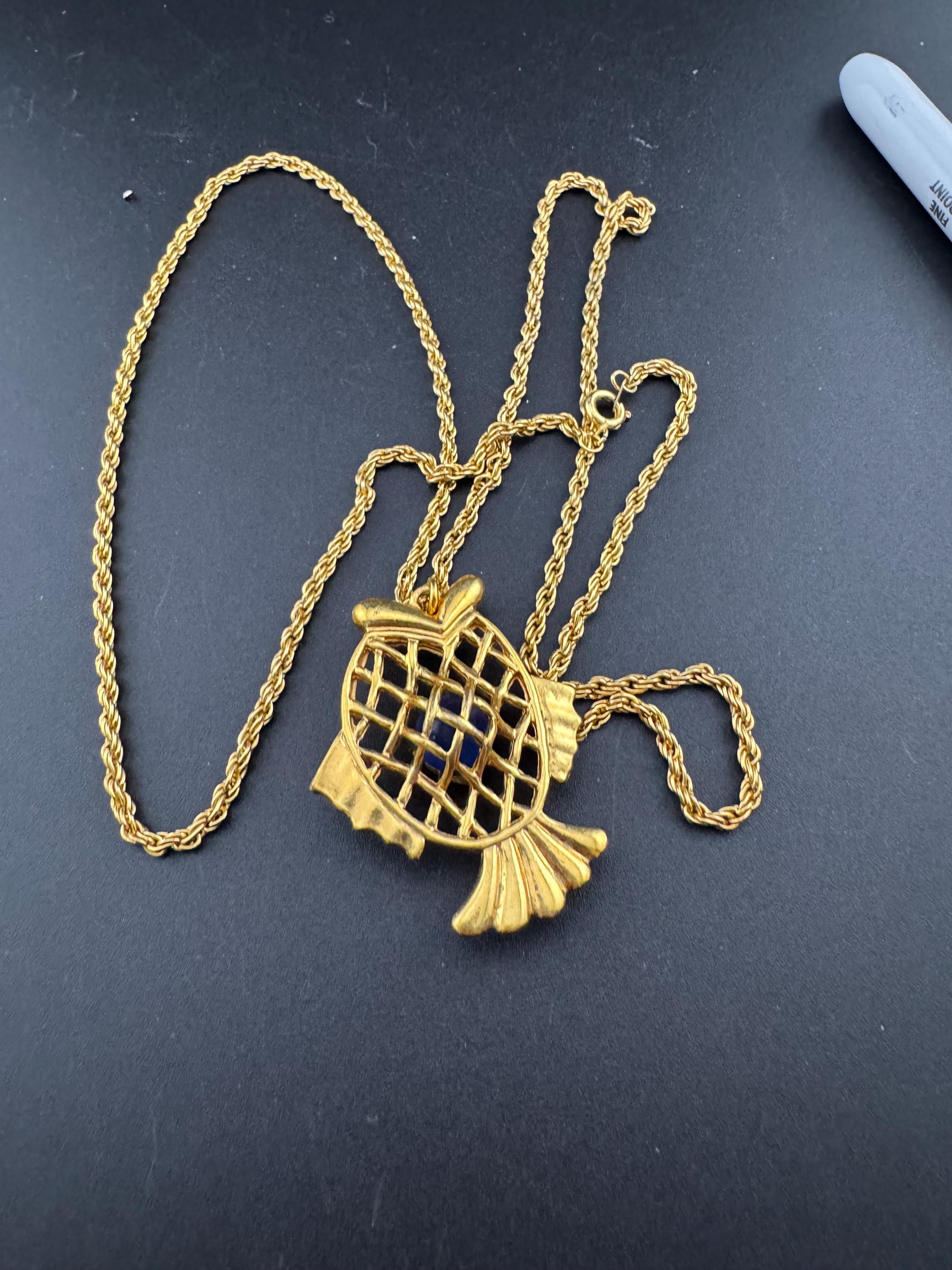 Vintage blue beaded woven caged gold fish pendant on a 75 gold plated rope chain