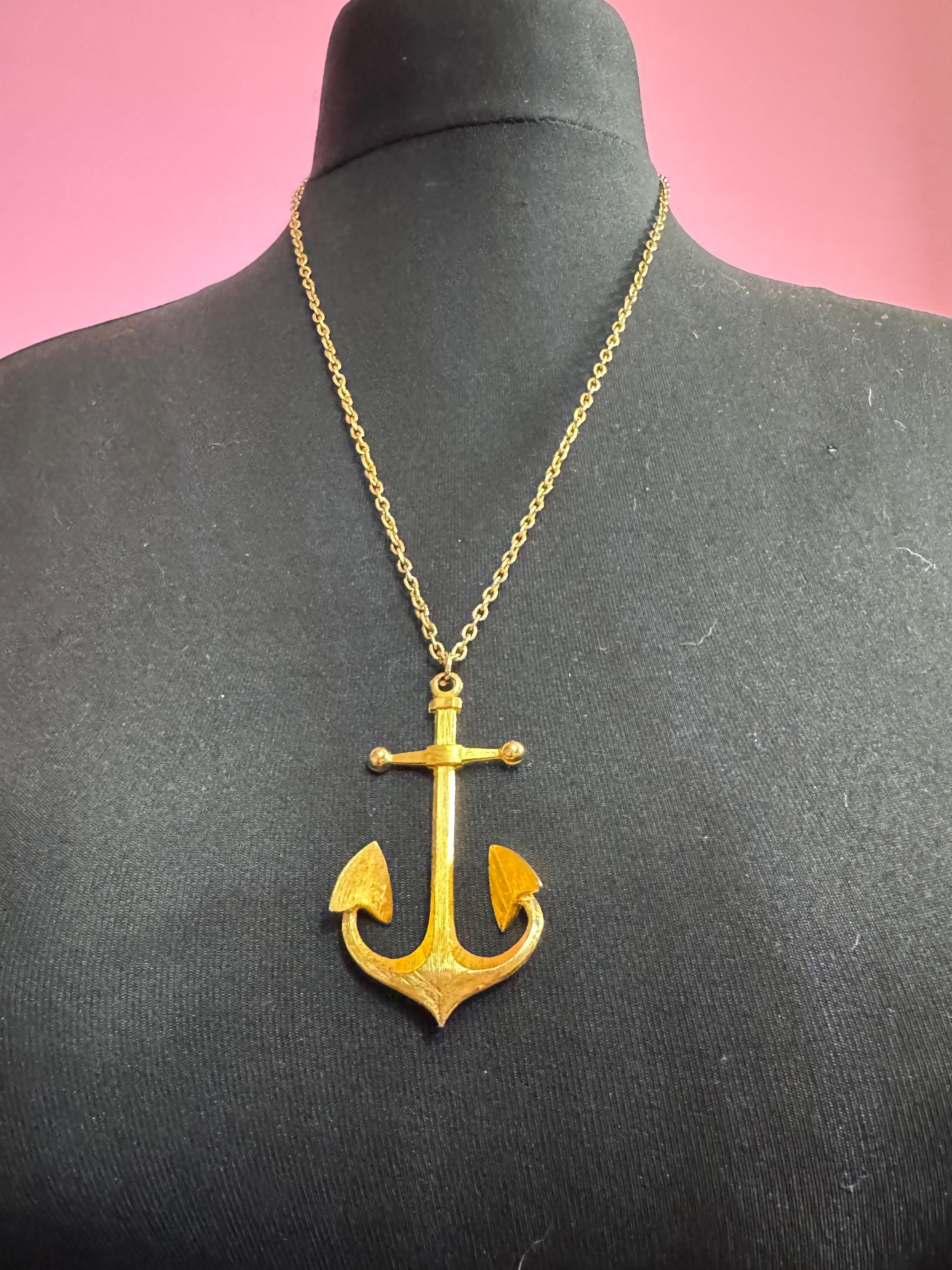 vintage signed sphinx gold tone textured nautical anchor pendant on a 62cm cable chain necklace 70s