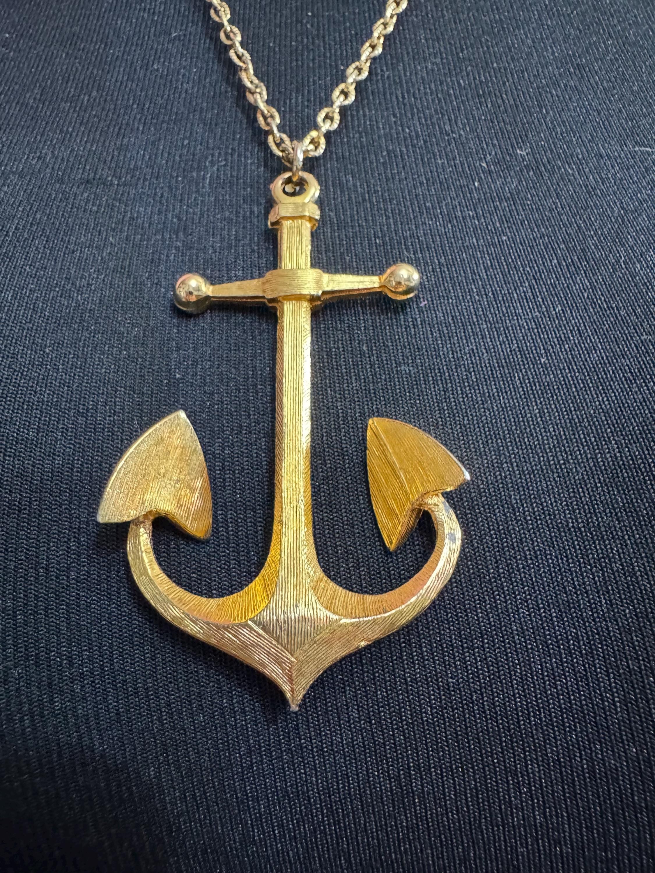 vintage signed sphinx gold tone textured nautical anchor pendant on a 62cm cable chain necklace 70s