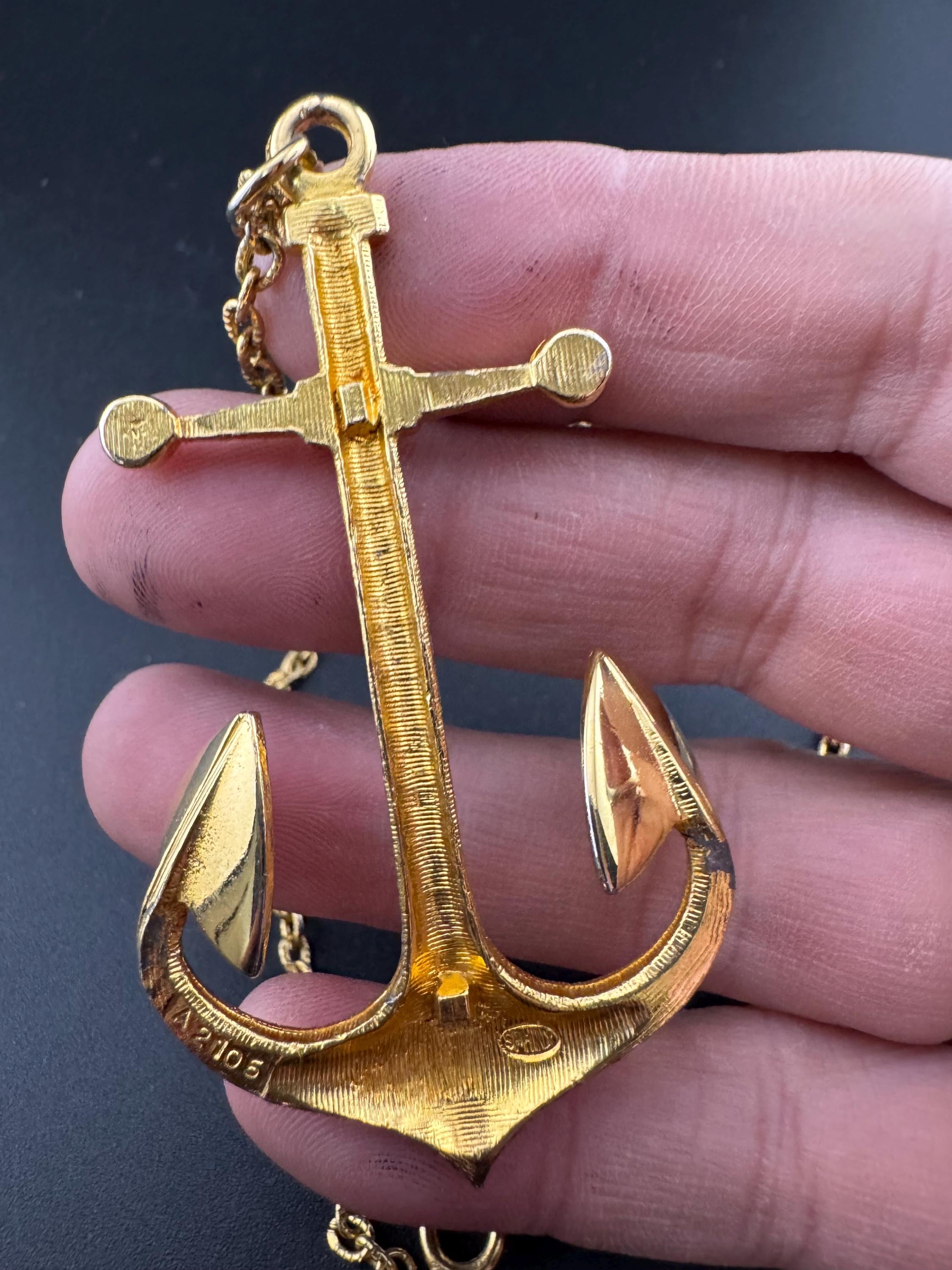 vintage signed sphinx gold tone textured nautical anchor pendant on a 62cm cable chain necklace 70s