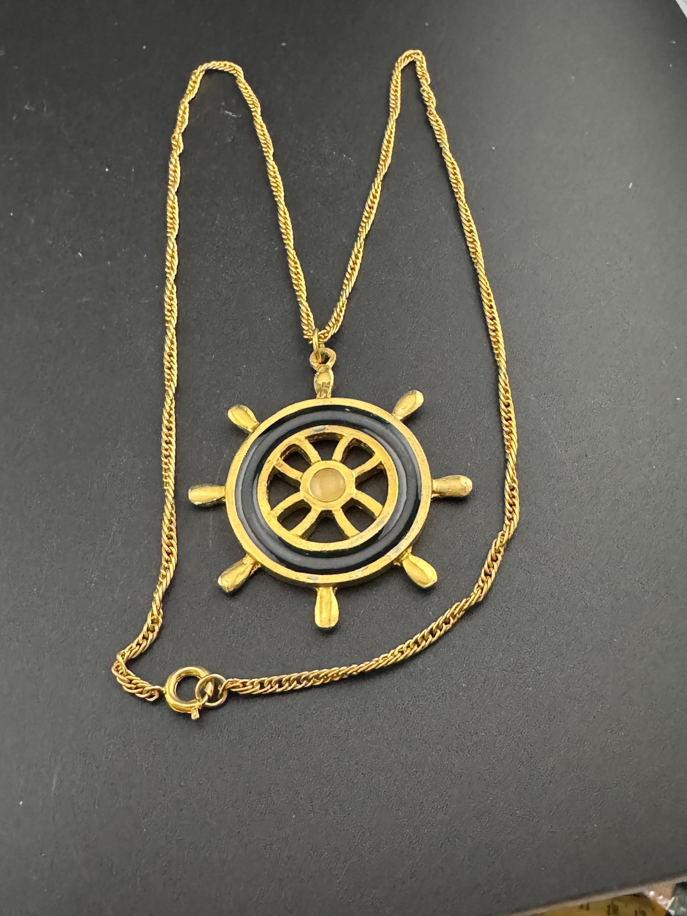 True Vintage navy blue and beige ships wheel nautical pendant necklace on 62cm gold tone chain ideal layering necklace