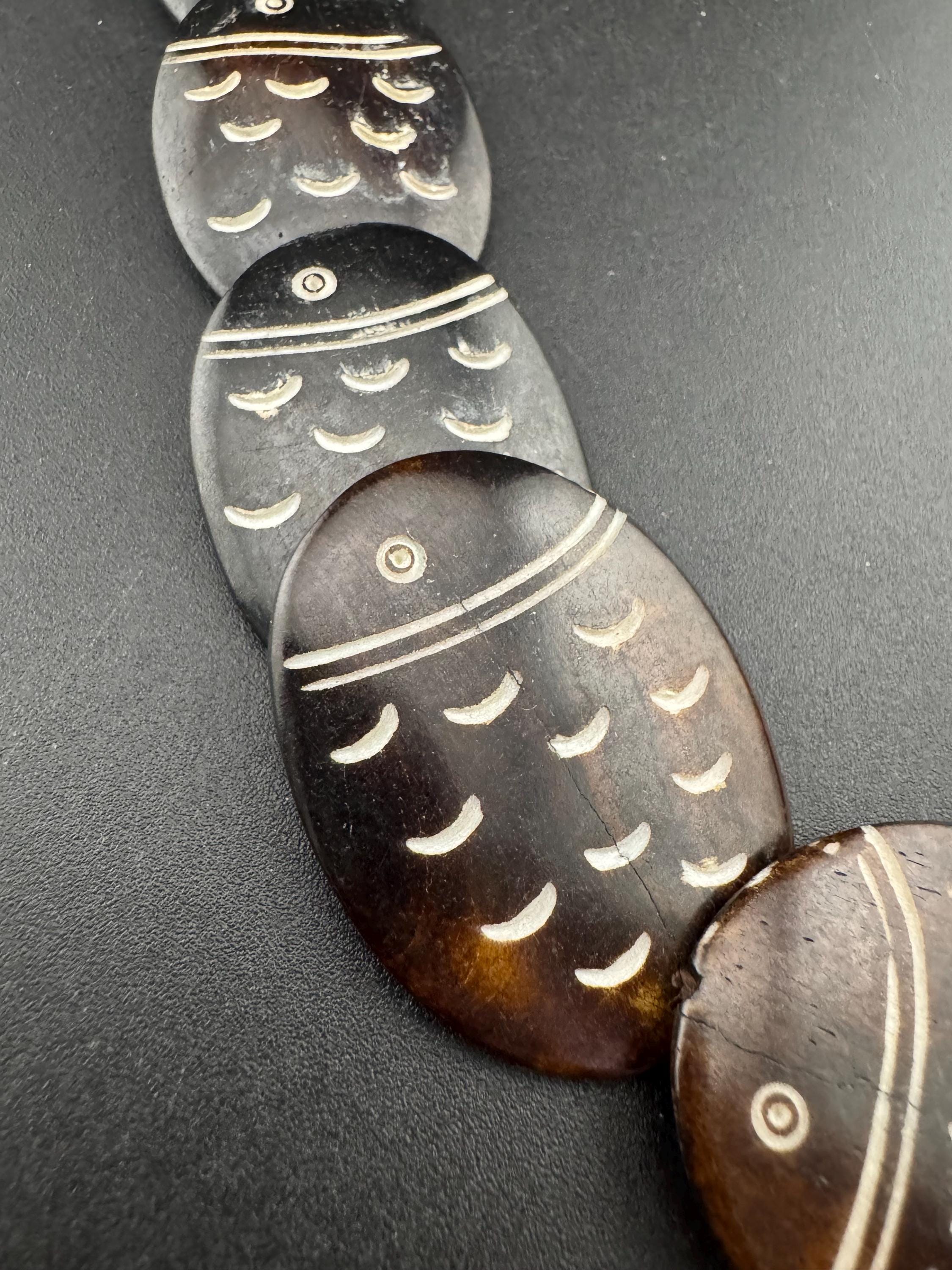 vintage brown soap stone panel link beaded fish design collar necklace 59cm