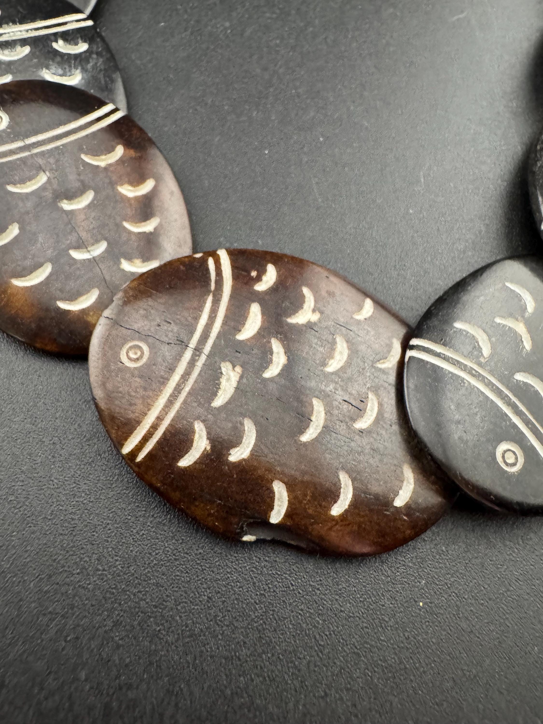 vintage brown soap stone panel link beaded fish design collar necklace 59cm