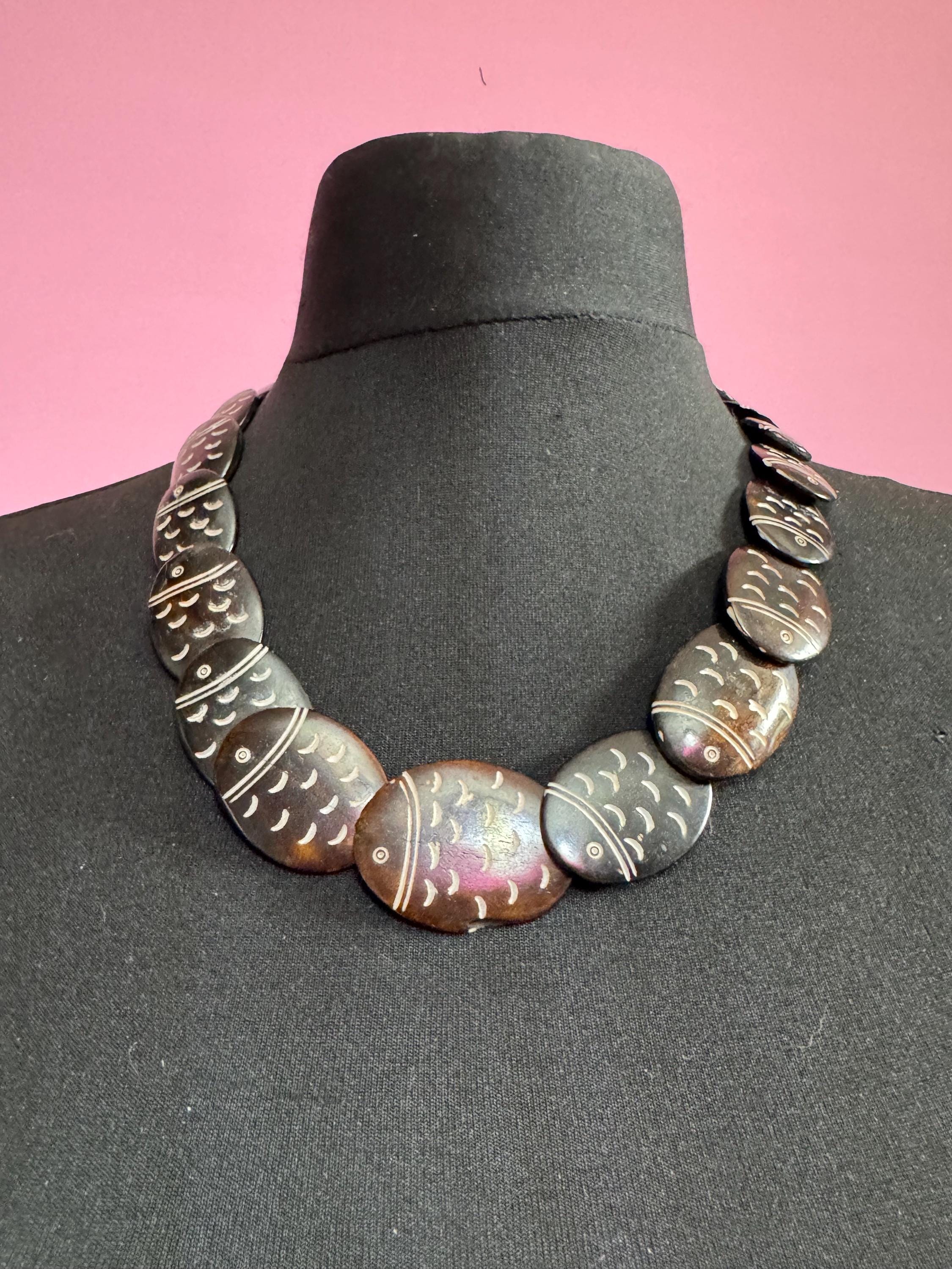 vintage brown soap stone panel link beaded fish design collar necklace 59cm