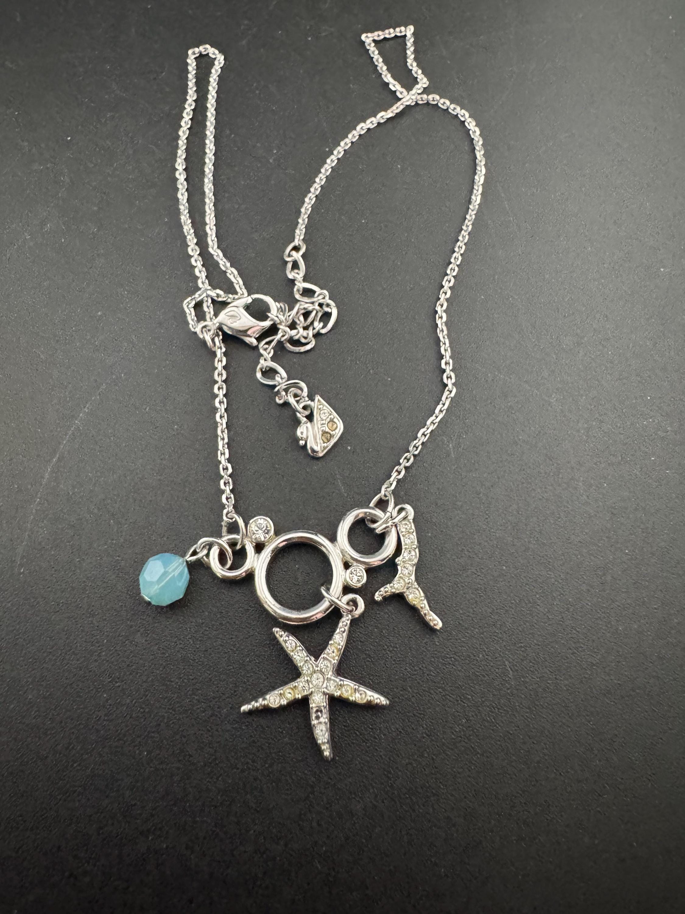 Swan Signed Swarovski Crystal diamanté starfish turquoise beaded pendant necklace one paste missing