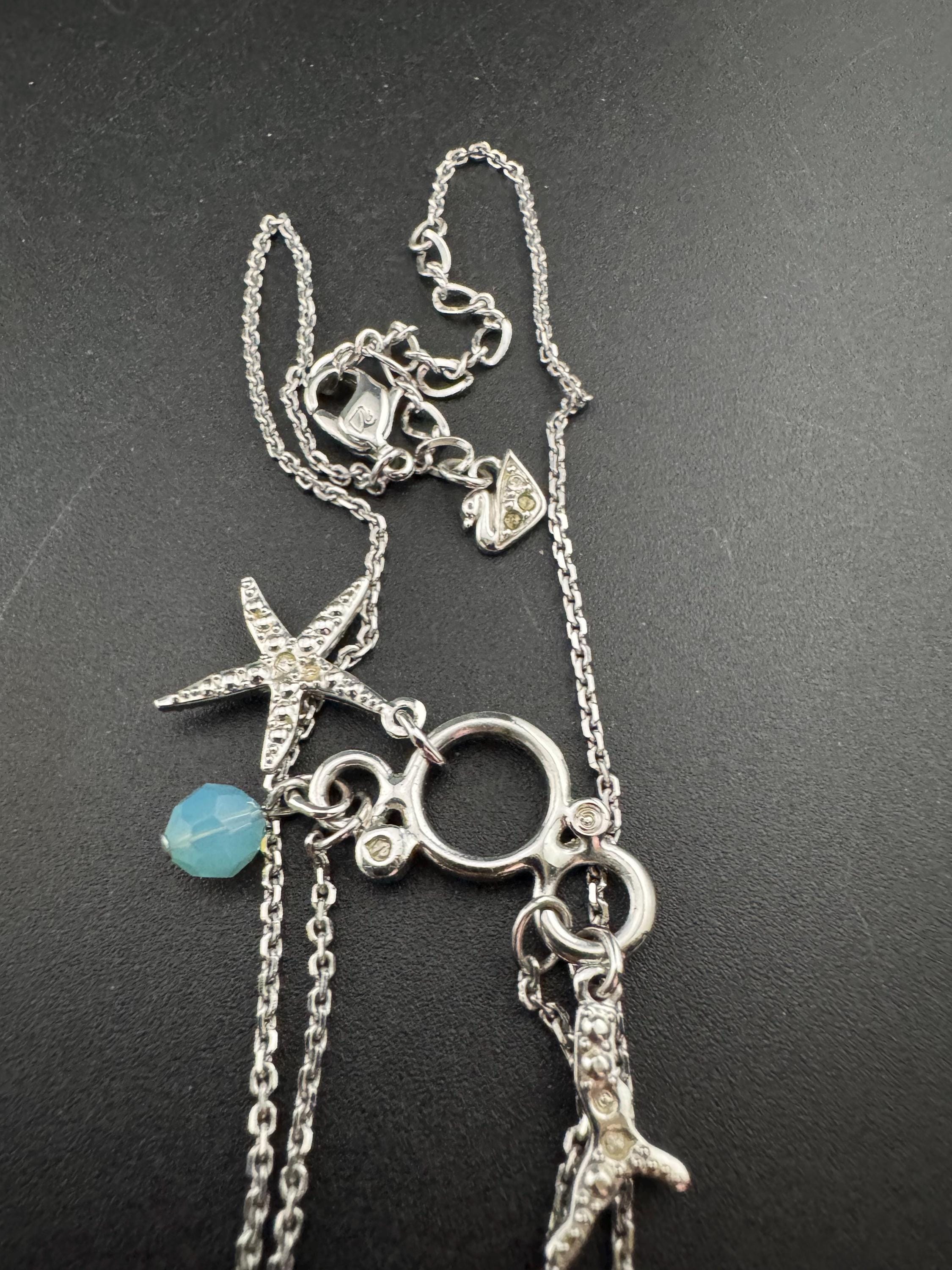 Swan Signed Swarovski Crystal diamanté starfish turquoise beaded pendant necklace one paste missing