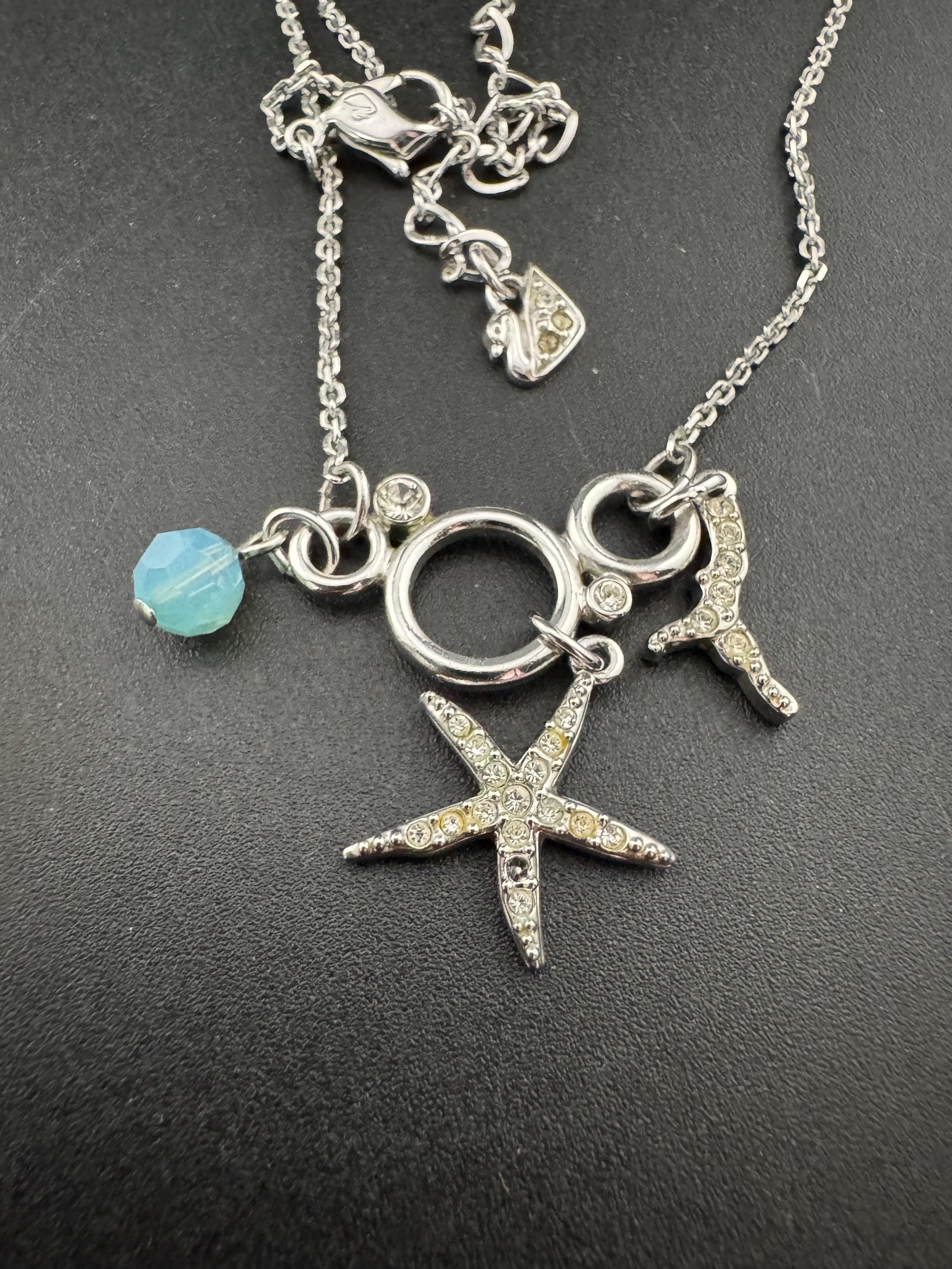 Swan Signed Swarovski Crystal diamanté starfish turquoise beaded pendant necklace one paste missing