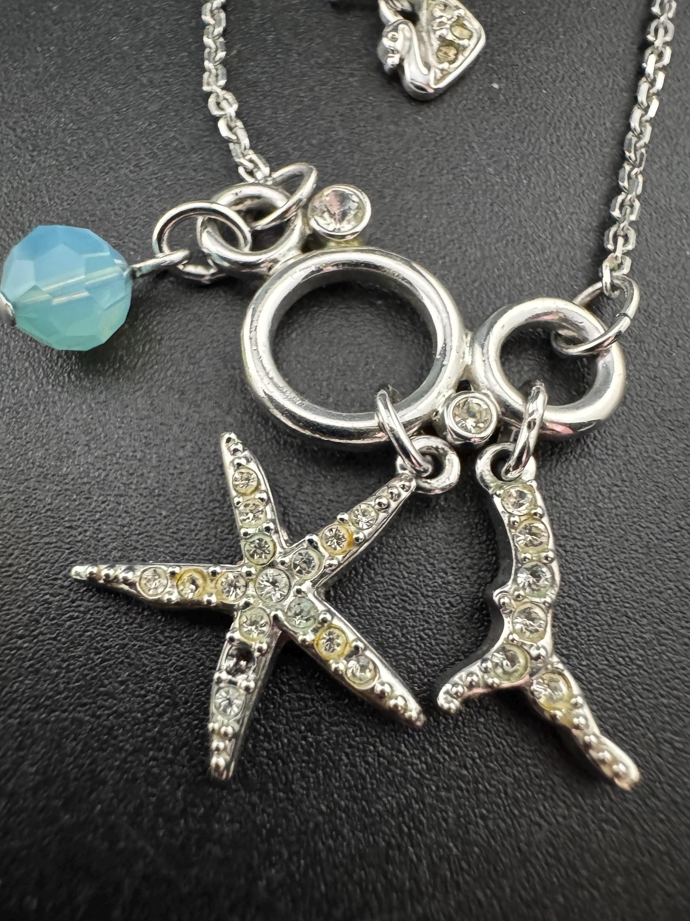 Swan Signed Swarovski Crystal diamanté starfish turquoise beaded pendant necklace one paste missing