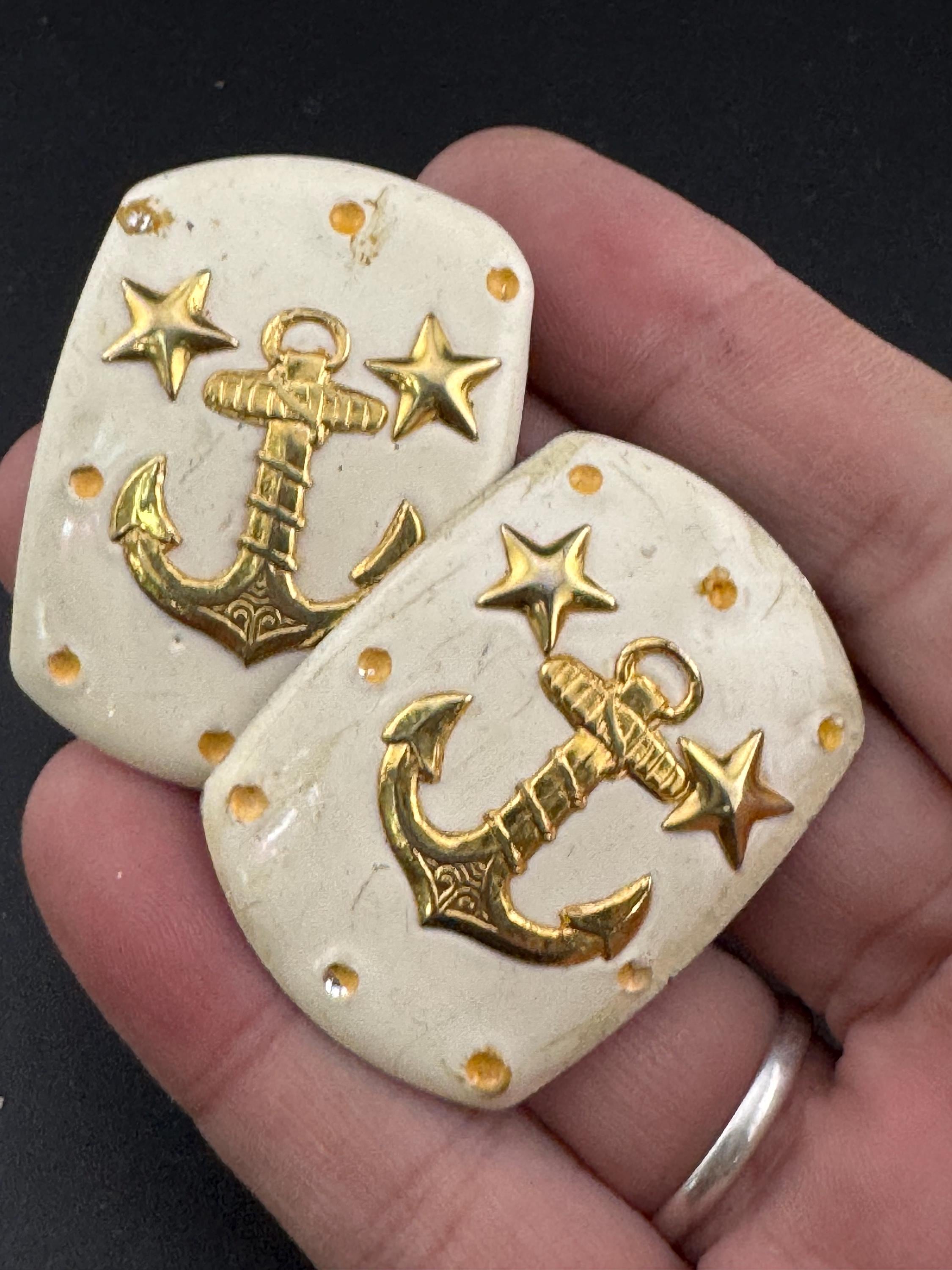 Vintage oversized cream enamel gold tone anchor clip on earrings , nautical style