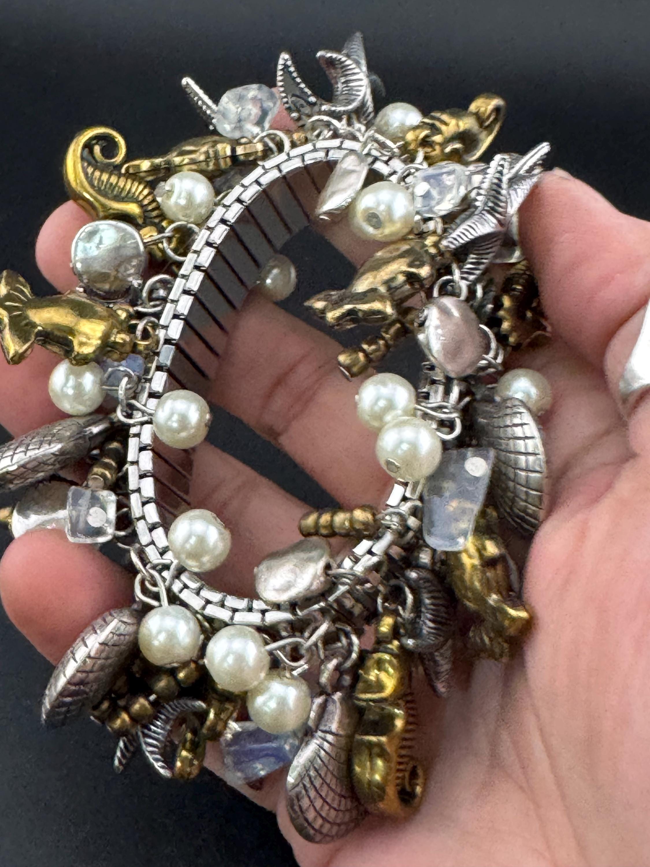 Vintage charm bracelet set with pearl starfishes and seahorses , silver and gold tone chunky 3cm wide expandable stretch cuff bracelet