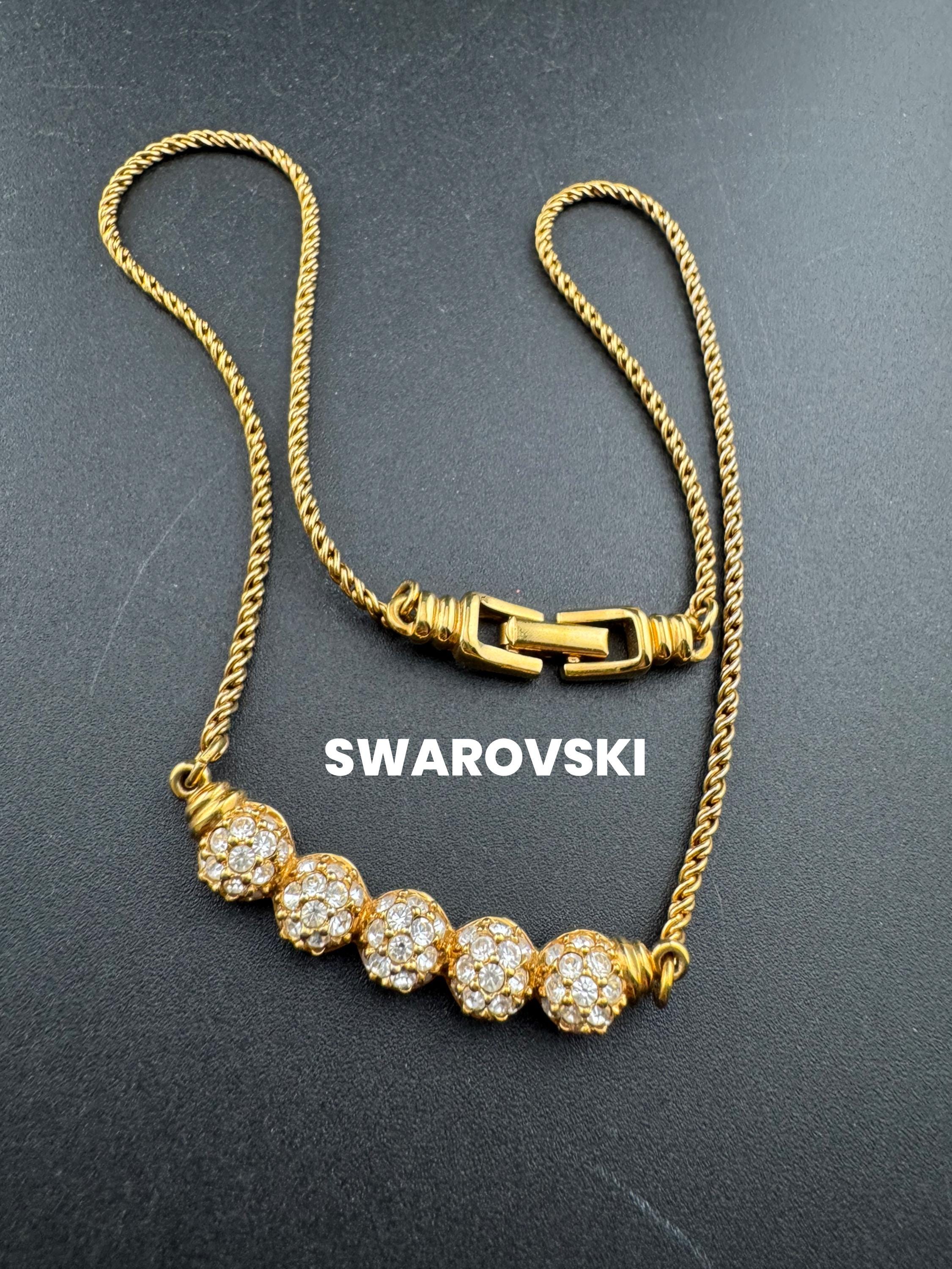 Signed Swarovski gold tone clear ball link crystal diamanté necklace