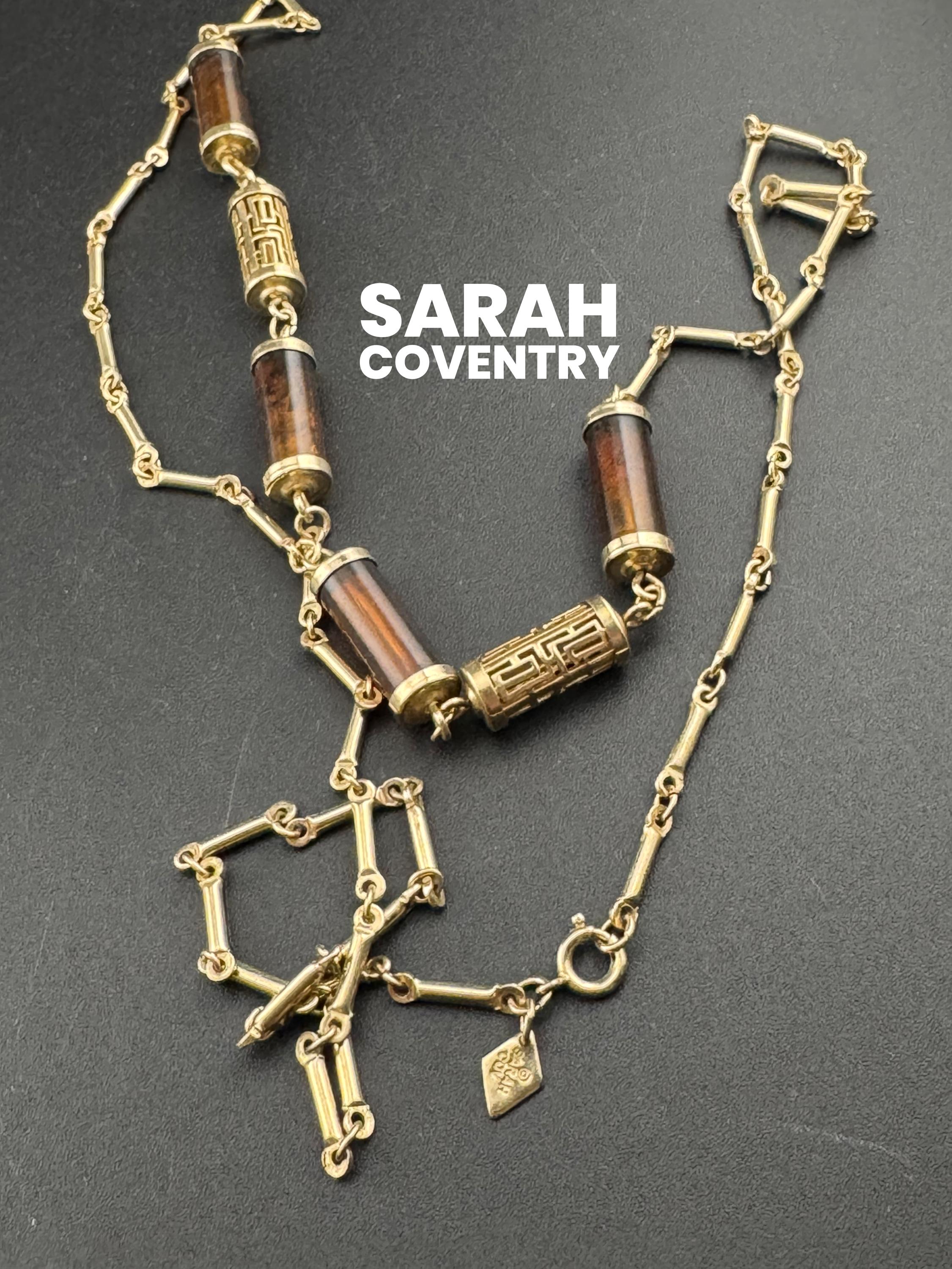 Vintage Sarah Coventry signed long gold tone station Chinese caged brown tube bead chain necklace 1960s 1970s