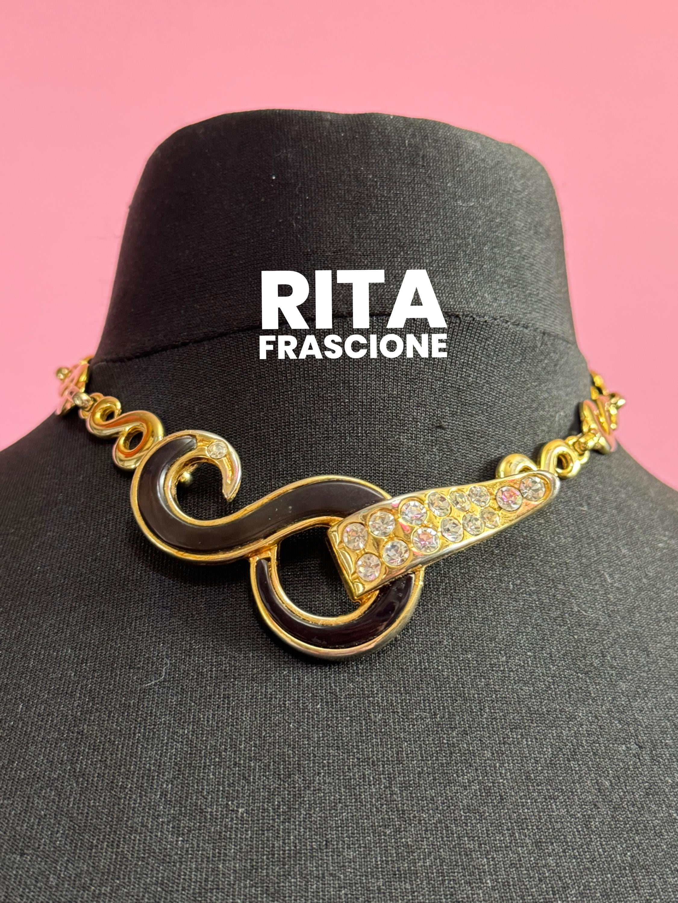 Signed Rita Fracione Italian designer black enamel diamanté Choker necklace gold tone