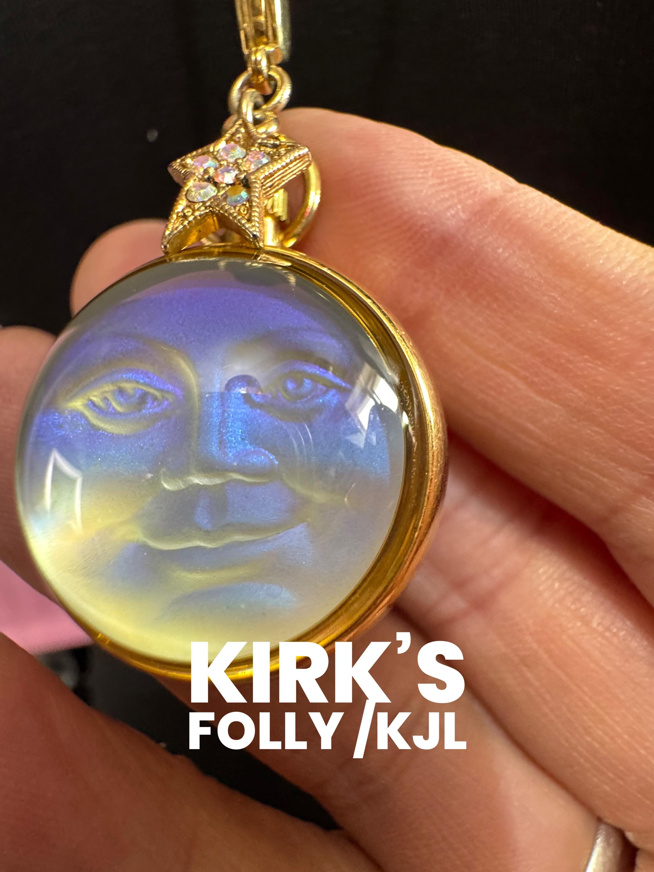 Signed Kirk’s Folly man in the moon ball pendant watch on a 86cm Kenneth lane gold plated long chain