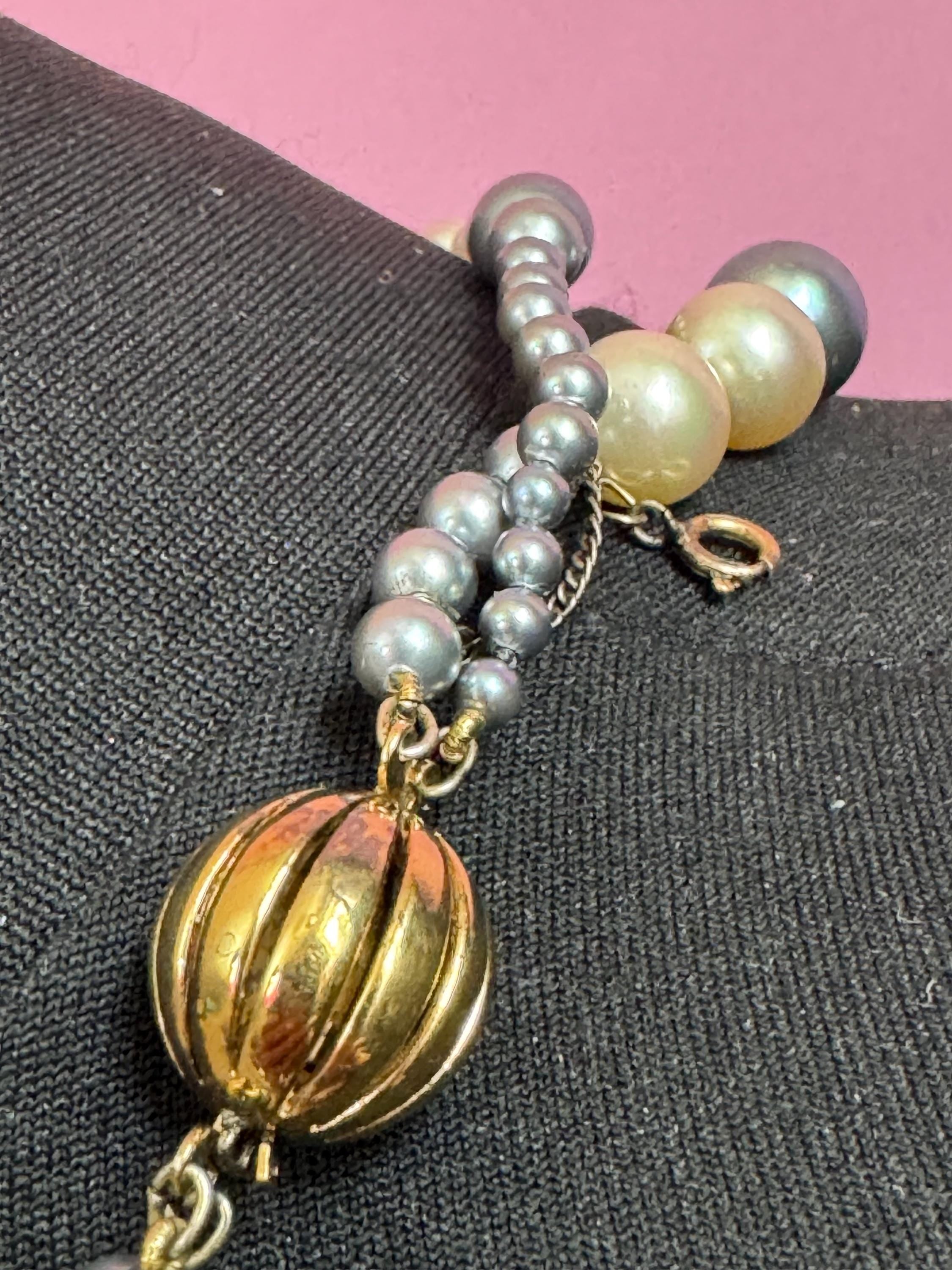925 silver gilt clasp Modernist cream grey glass pearl double row necklace