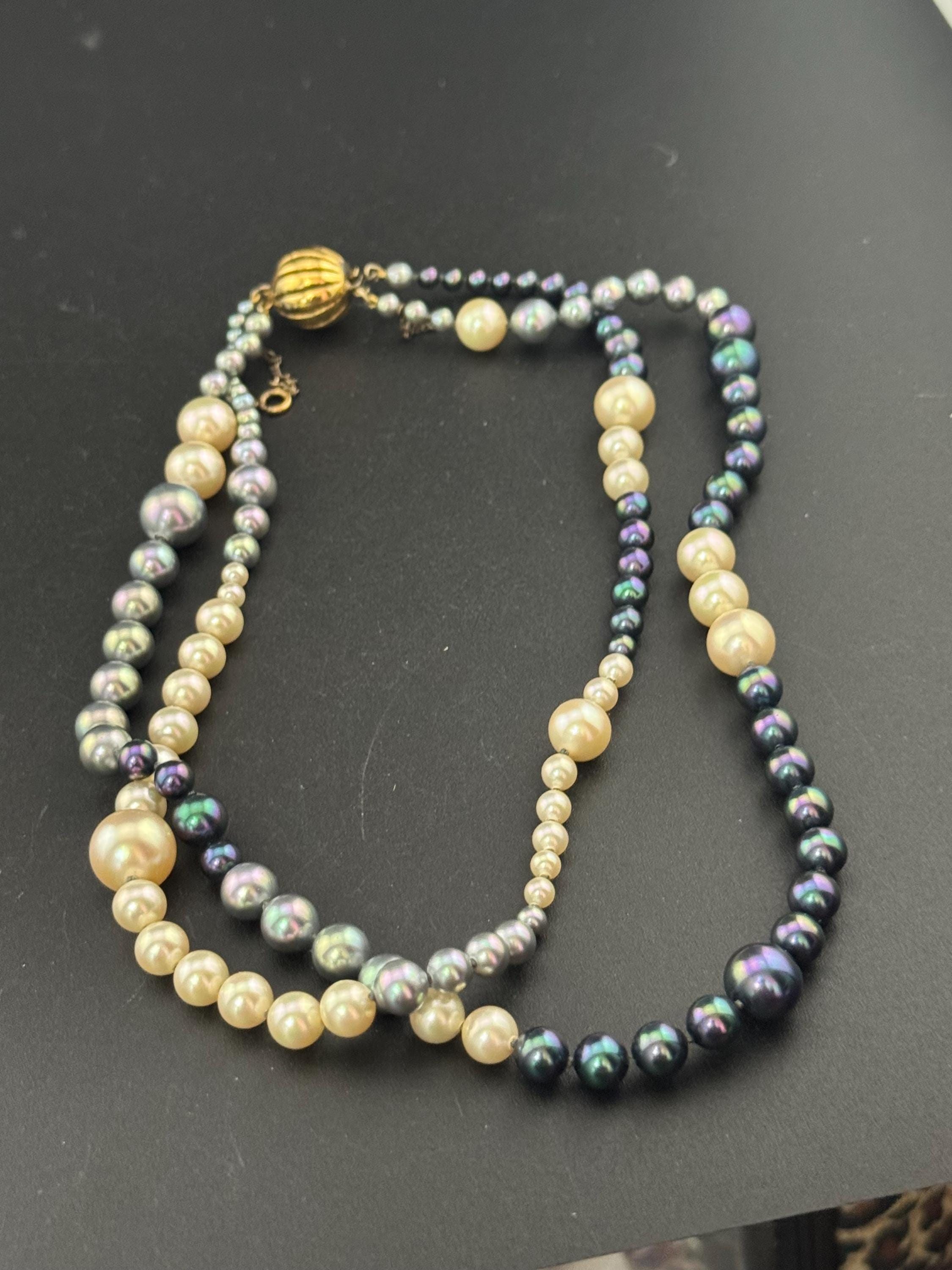 925 silver gilt clasp Modernist cream grey glass pearl double row necklace