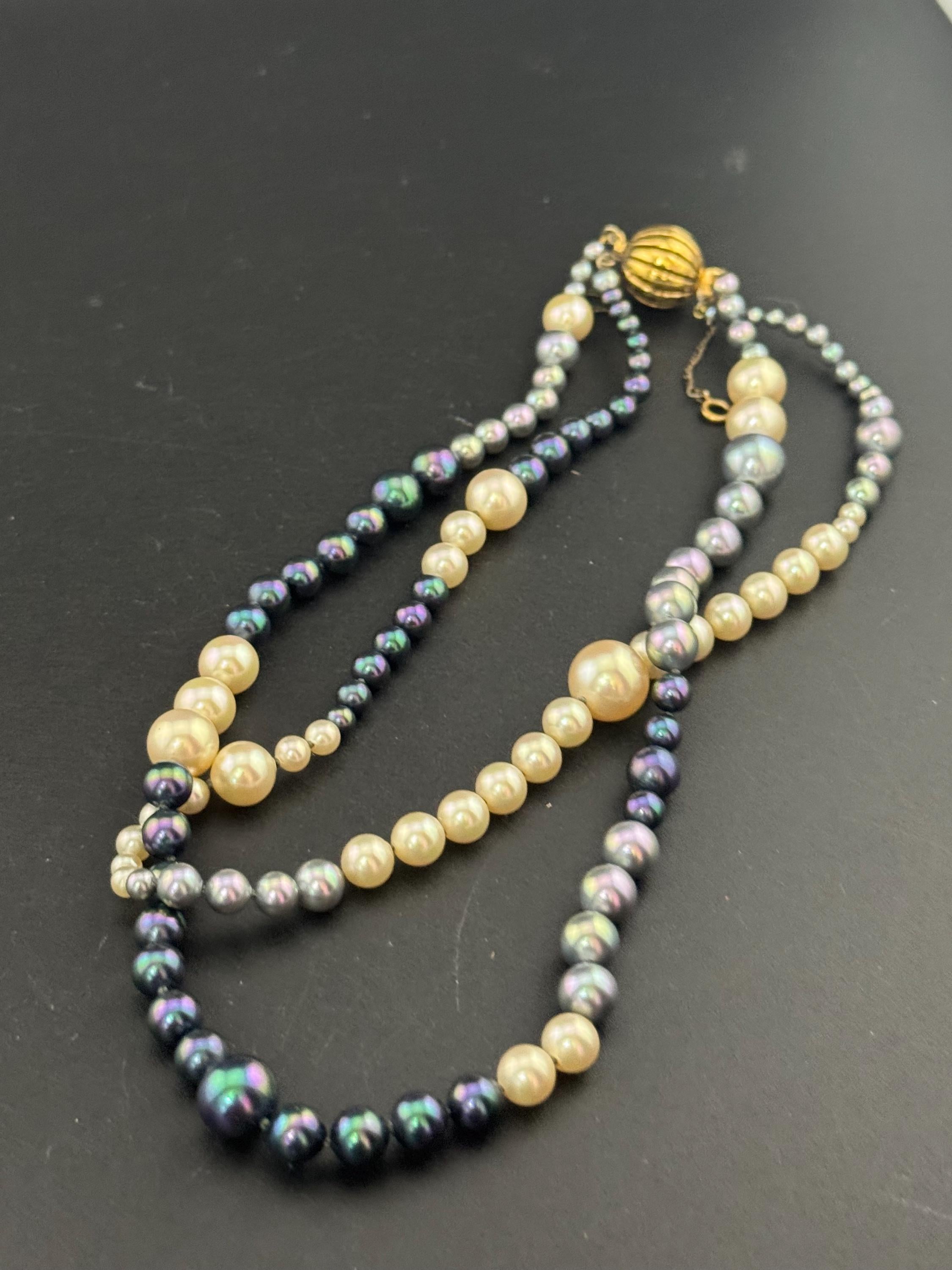 925 silver gilt clasp Modernist cream grey glass pearl double row necklace