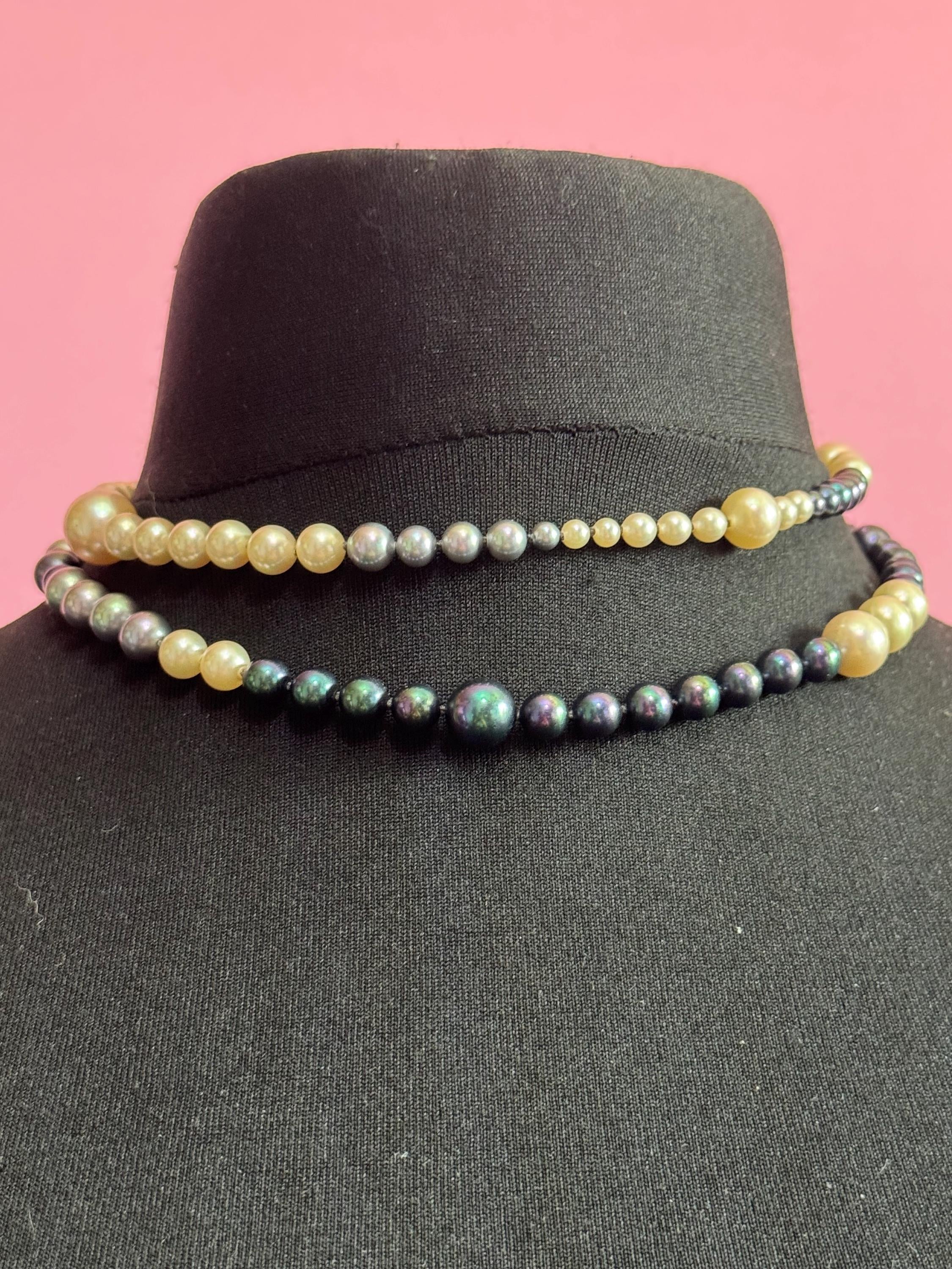 925 silver gilt clasp Modernist cream grey glass pearl double row necklace