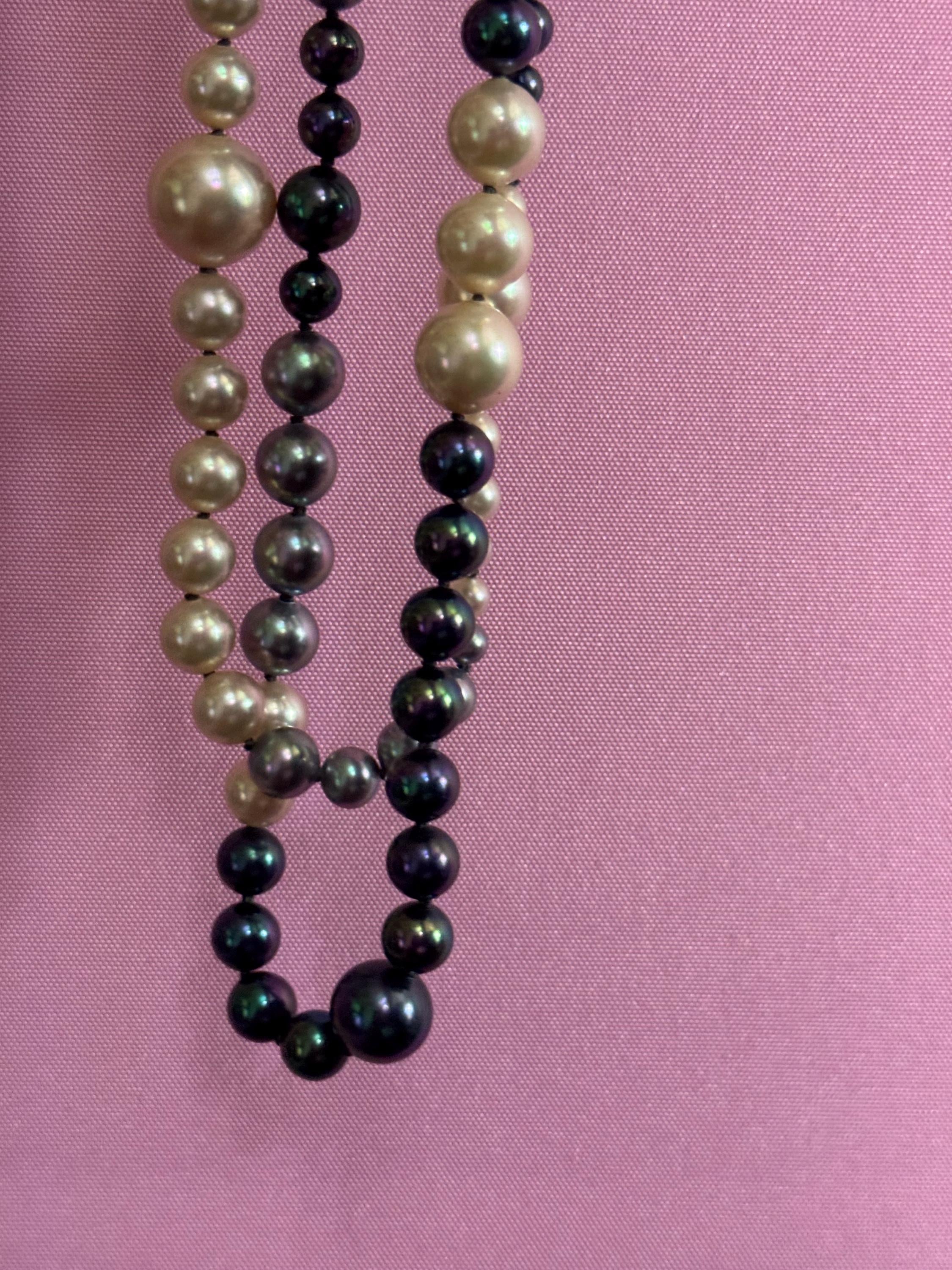925 silver gilt clasp Modernist cream grey glass pearl double row necklace