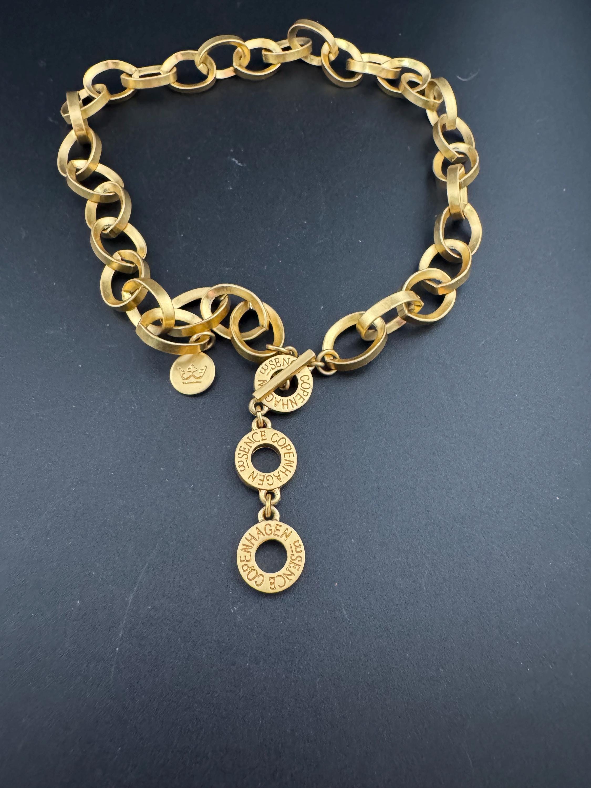 Signed SENSE Copenhagen Matt gold tone Etruscan style cable link choker chain necklace adj
