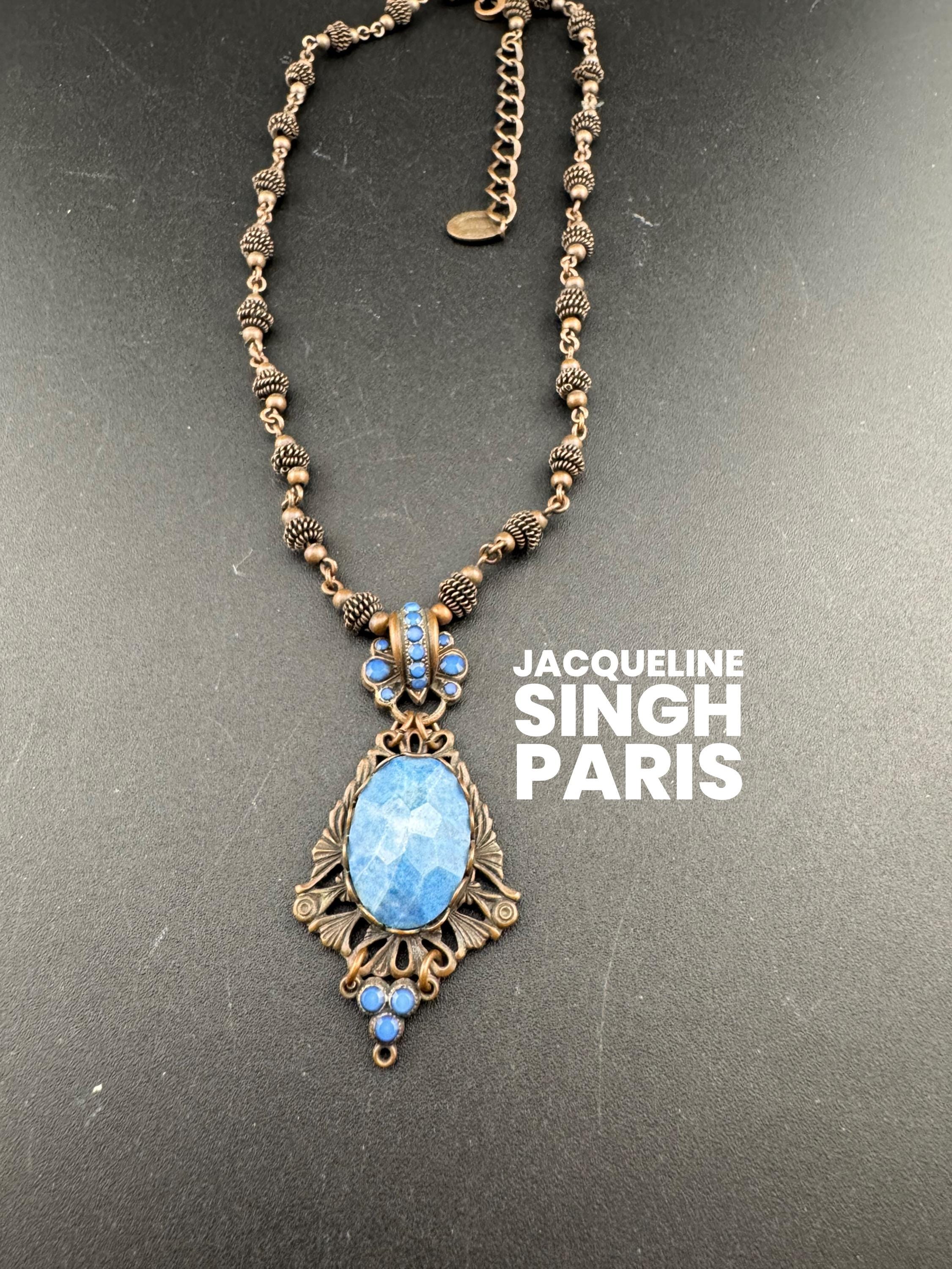 Petite fit signed Jacqueline Singh Paris copper tone blue rhinestone pendant necklace