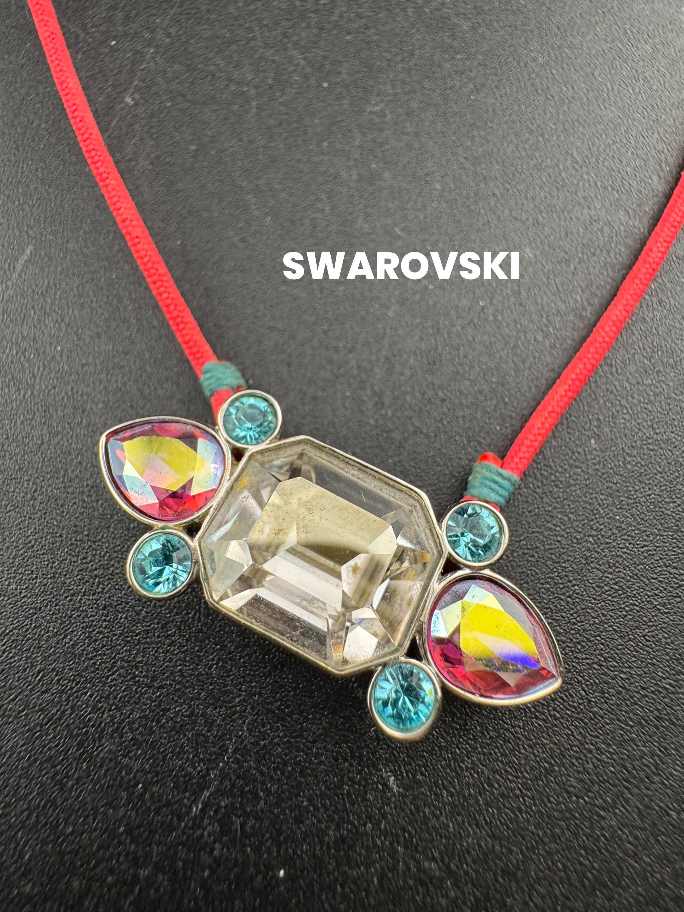 Signed Swarovski silver tone hit pink corded blue and pink crystal diamanté designer necklace
