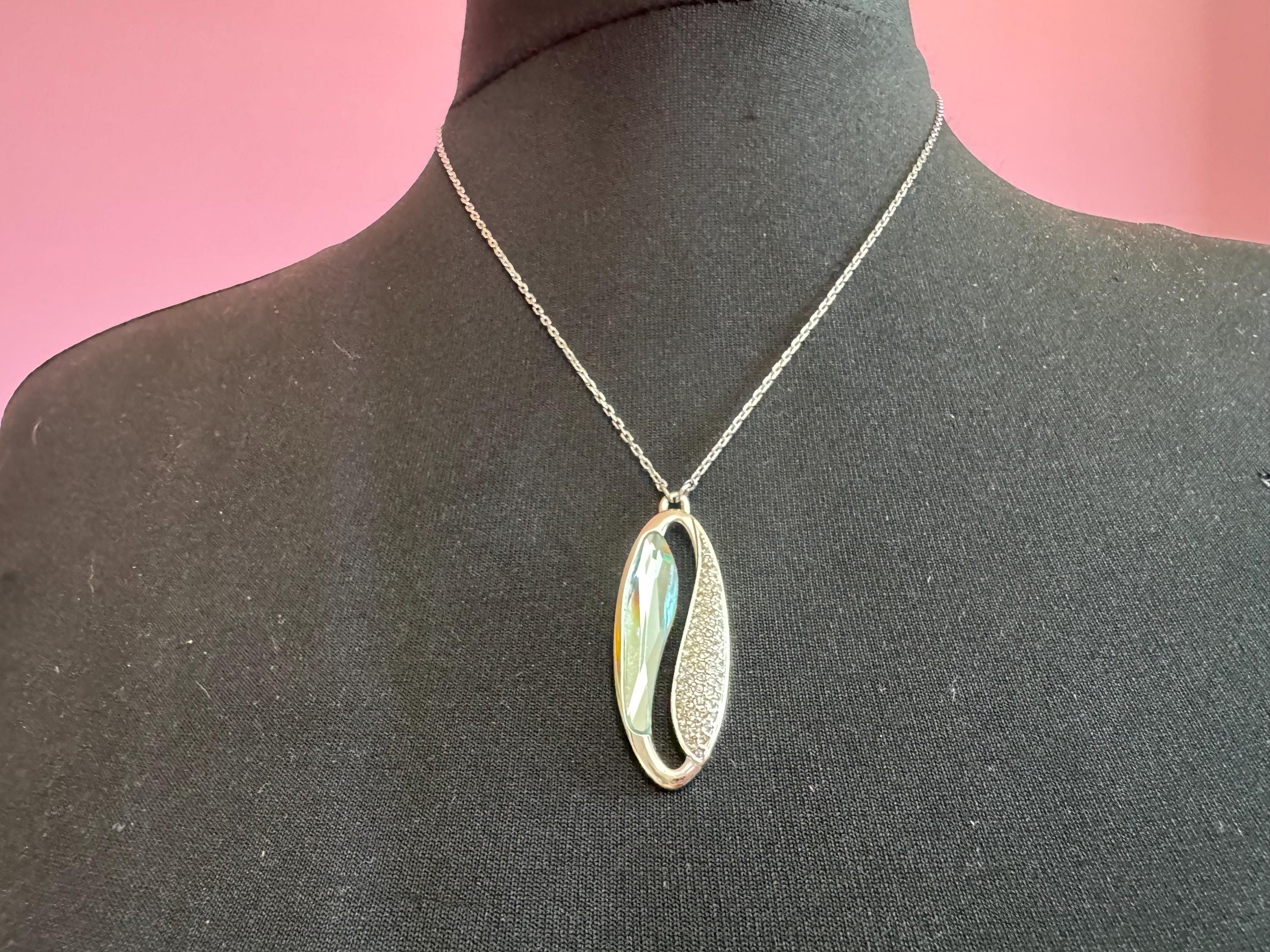 Signed Swarovski silver tone aquamarine blue and clear crystal diamanté designer oval pendant drop necklace