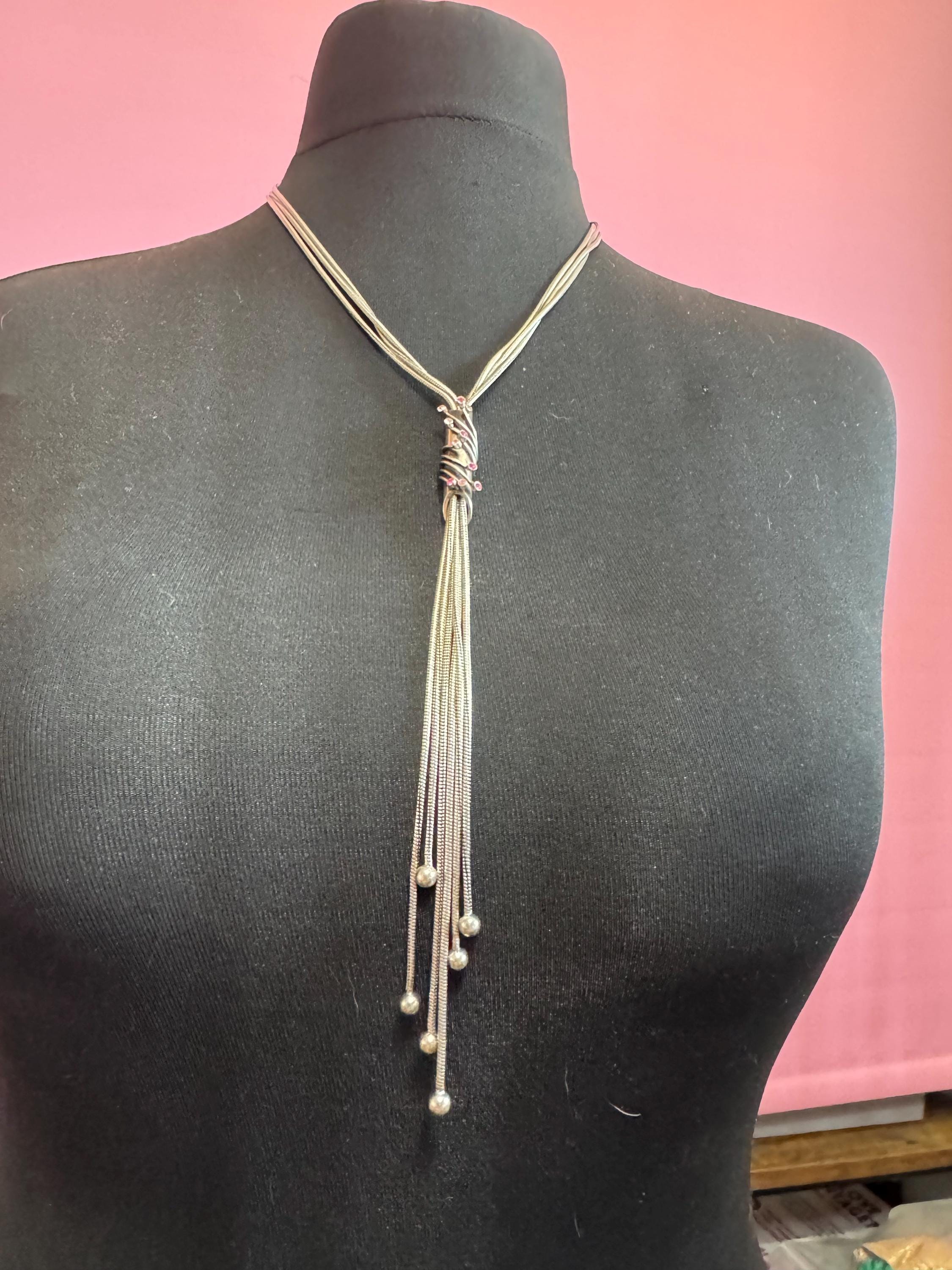 Vintage Spyrilliotis Athens signed  silver modernist tassel pendant necklace set with pink rhinestones