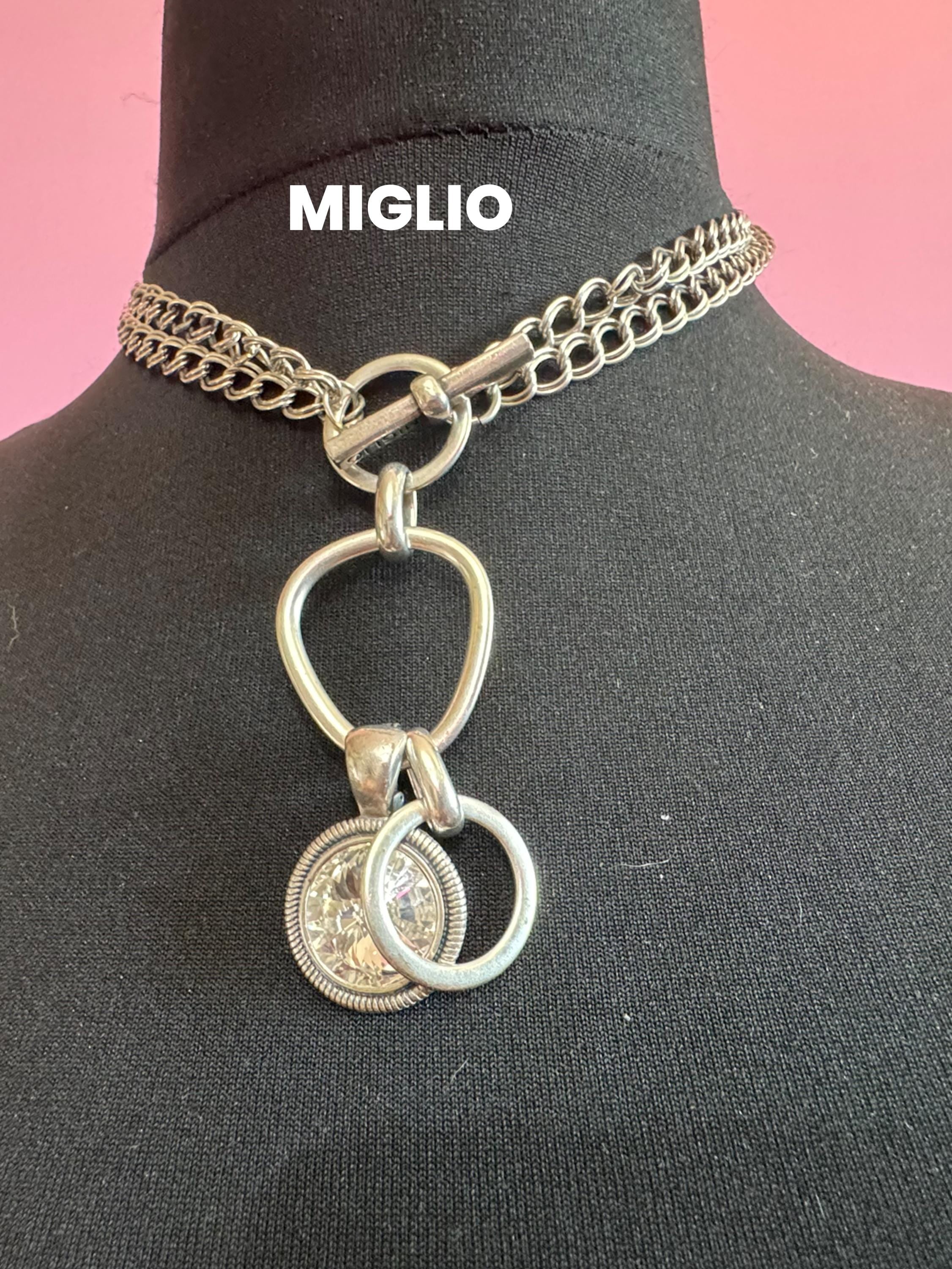 Versatile Signed miglio Designer chunky toggle chain link silver tone Rivoli crystal pendant necklace , wear it long or short
