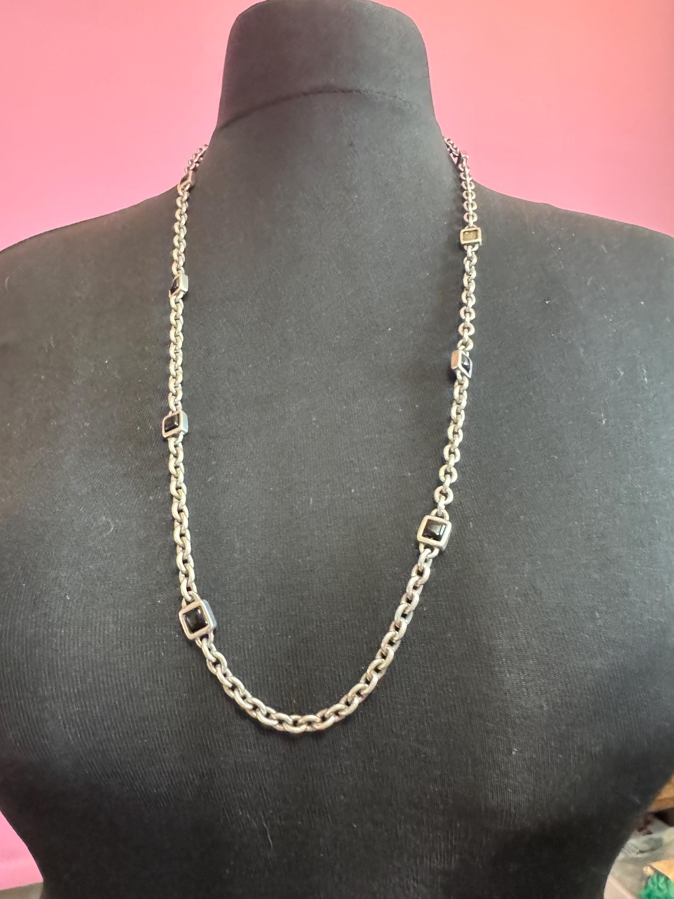 Signed NAPIER as found silver tone black square cabochon long station link cable necklace