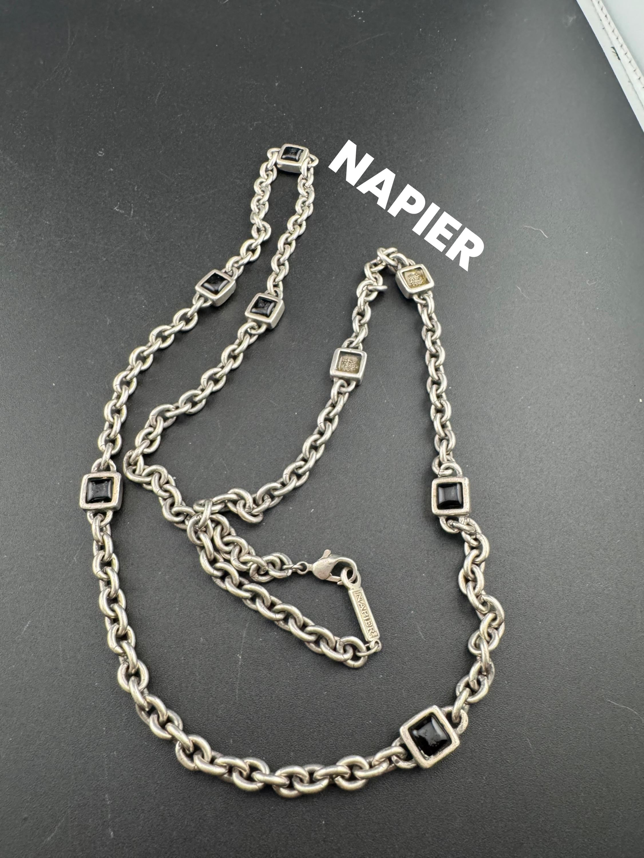 Signed NAPIER as found silver tone black square cabochon long station link cable necklace