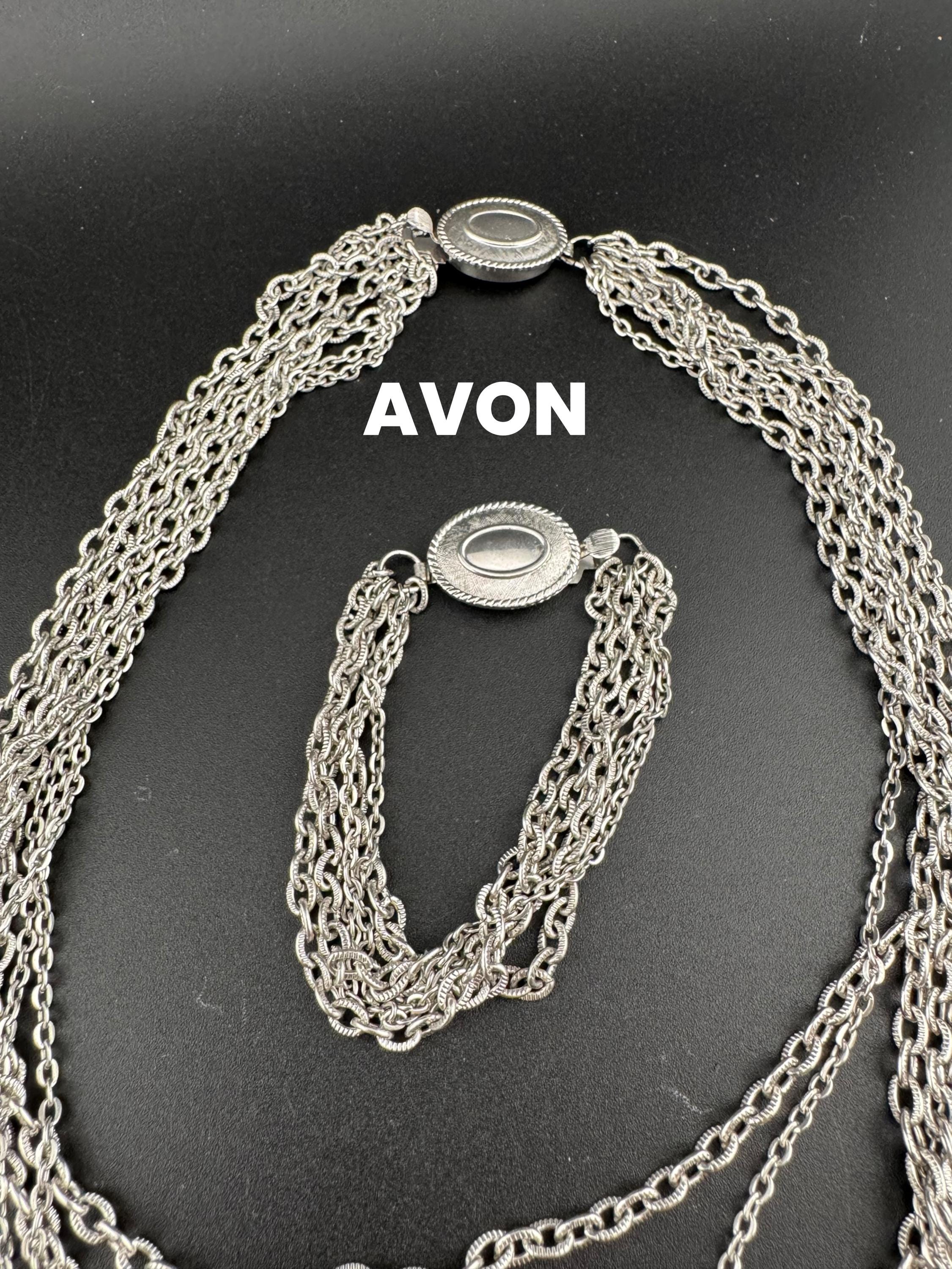 Signed Avon Vintage silver tone multi strand necklace and matching bracelet jewellery set