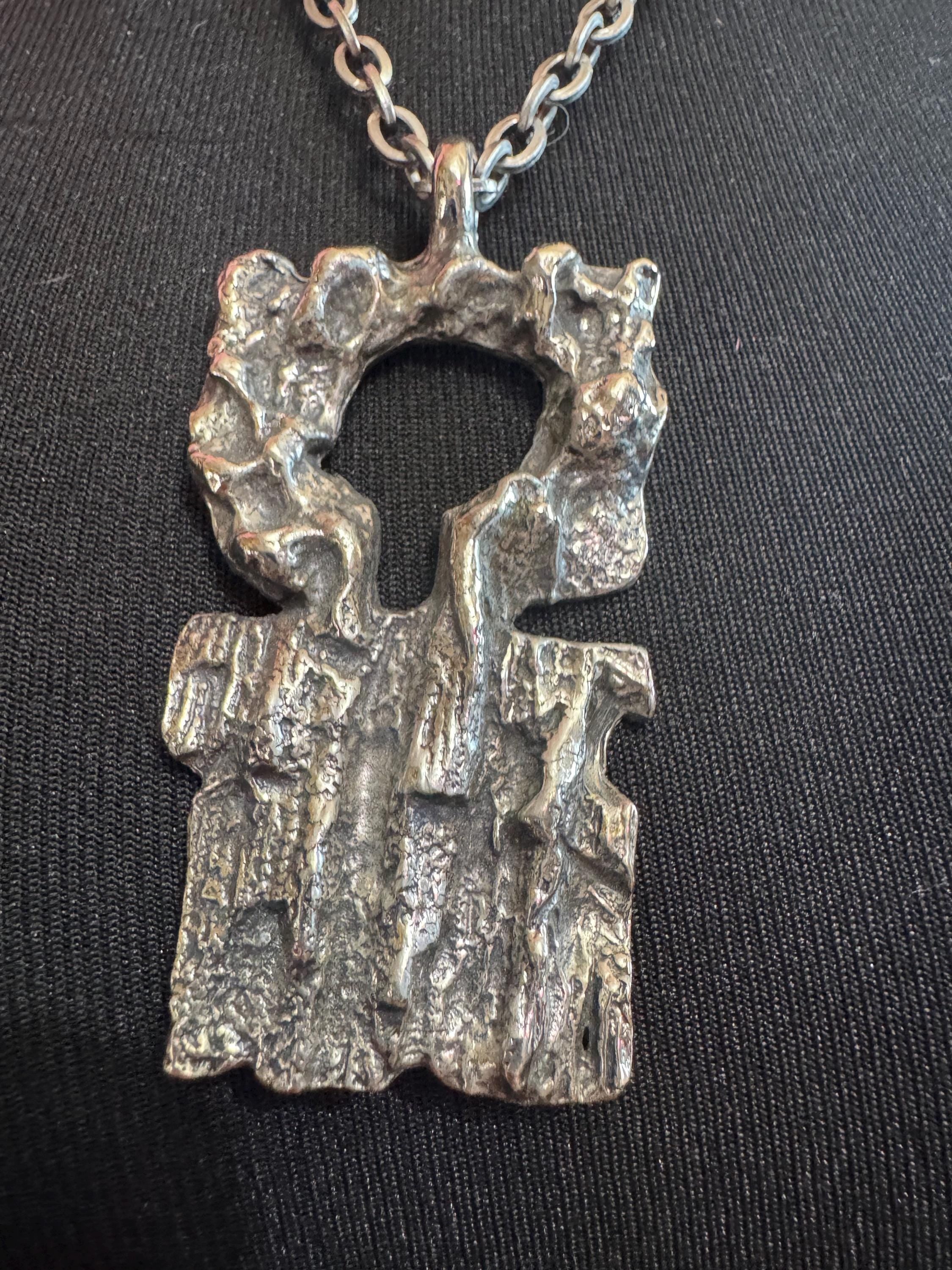 Vintage 1970s signed Robert Larin abstract brutalist pendant on 64cm chain, Canadian designer