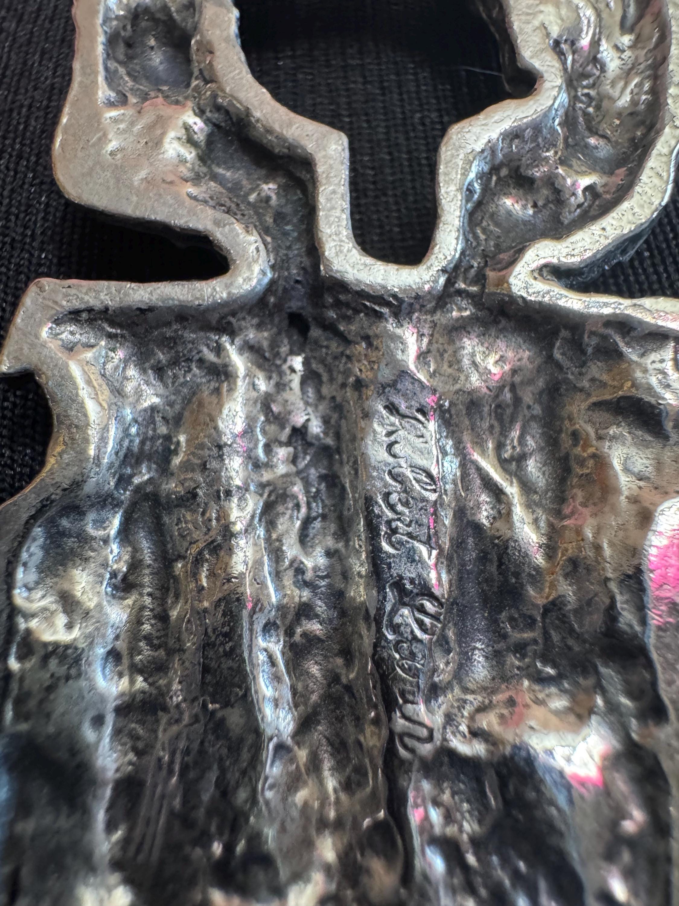 Vintage 1970s signed Robert Larin abstract brutalist pendant on 64cm chain, Canadian designer