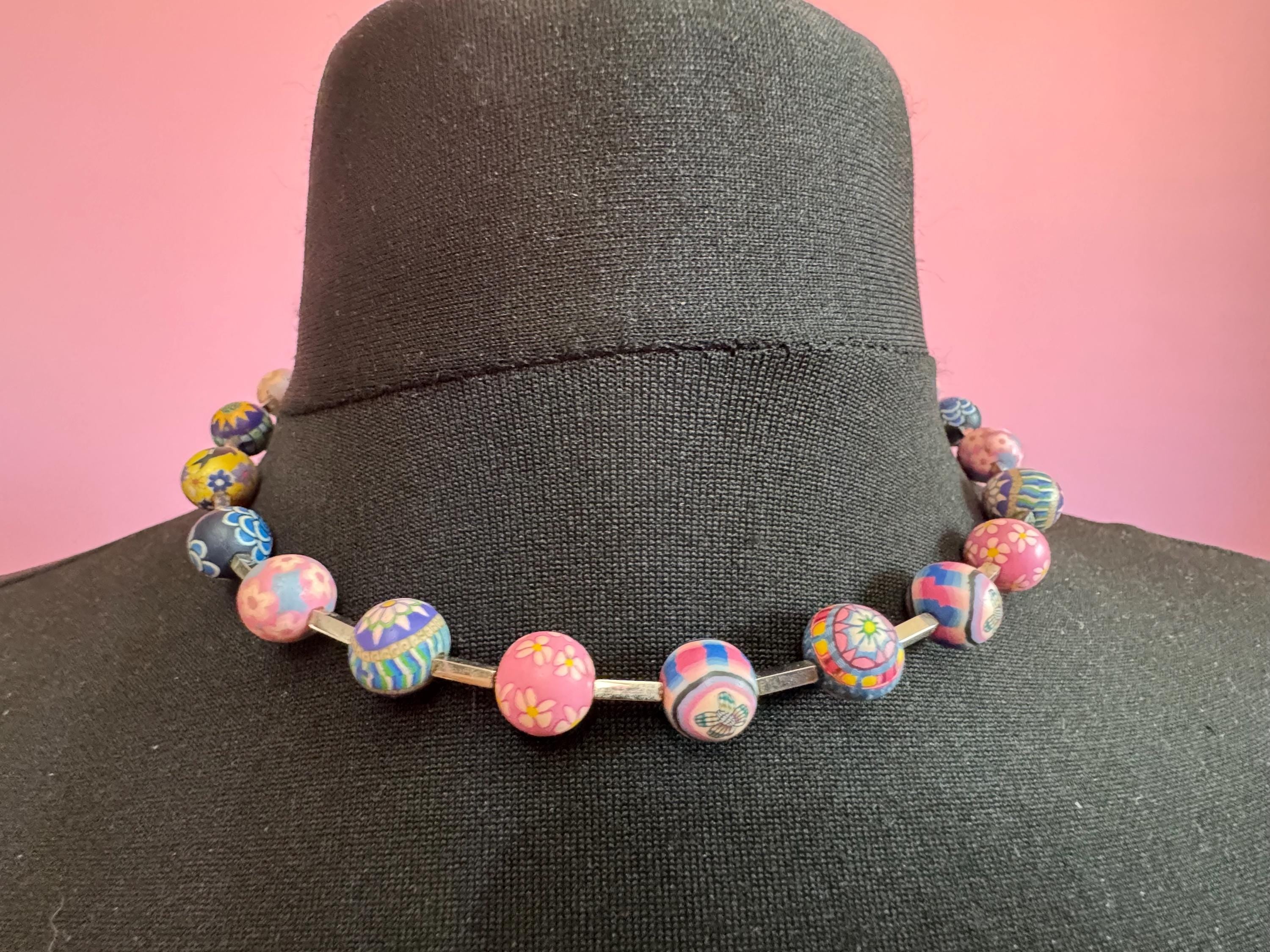 Vintage signed SWATCH iconic 1980s coloured round beaded collar necklace  45cm, yellow, pink, blue beads