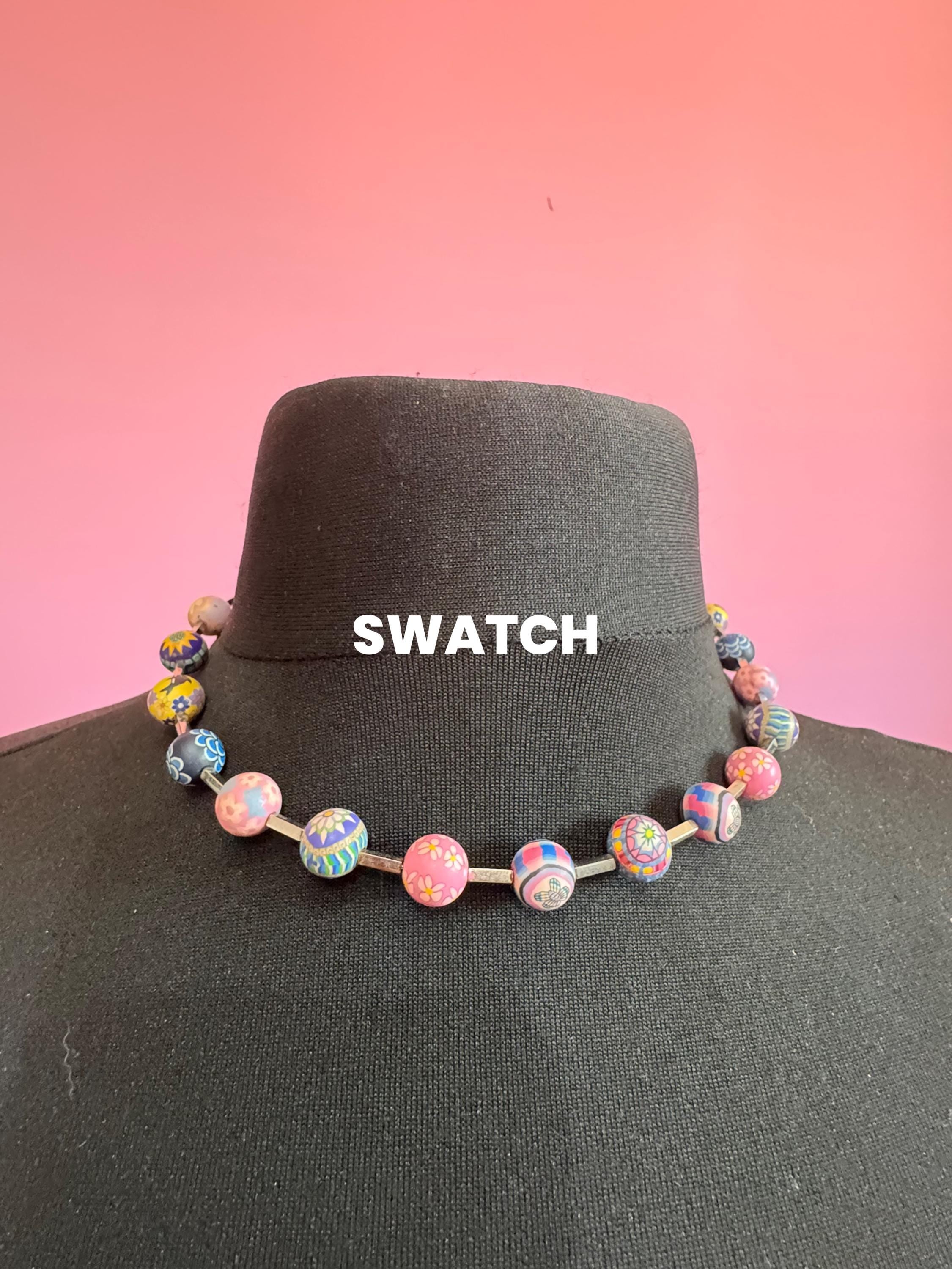 Vintage signed SWATCH iconic 1980s coloured round beaded collar necklace  45cm, yellow, pink, blue beads