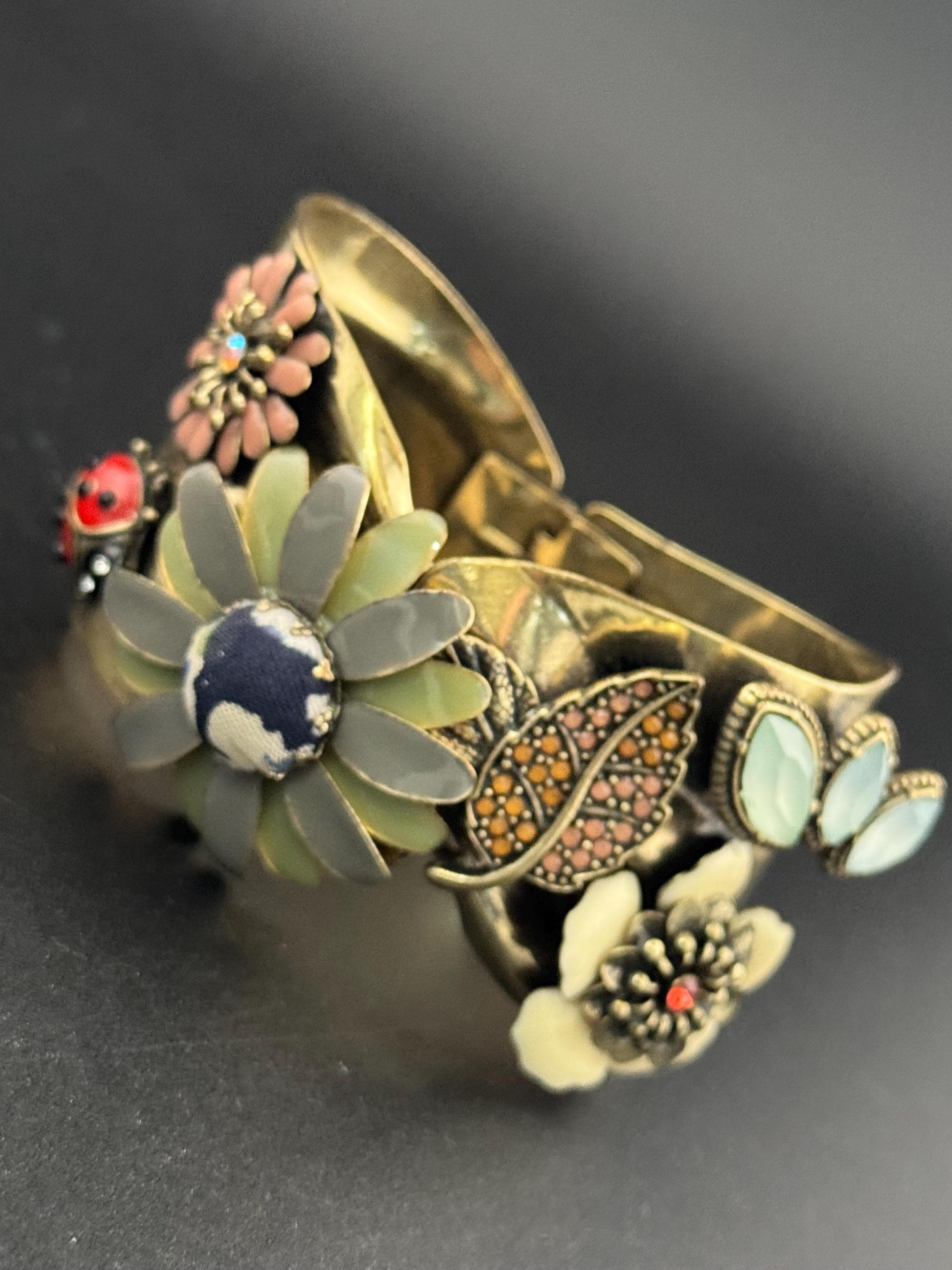 Paris designer Bohm pretty nature inspired cuff clamper bangle bracelet with flowers and ladybird