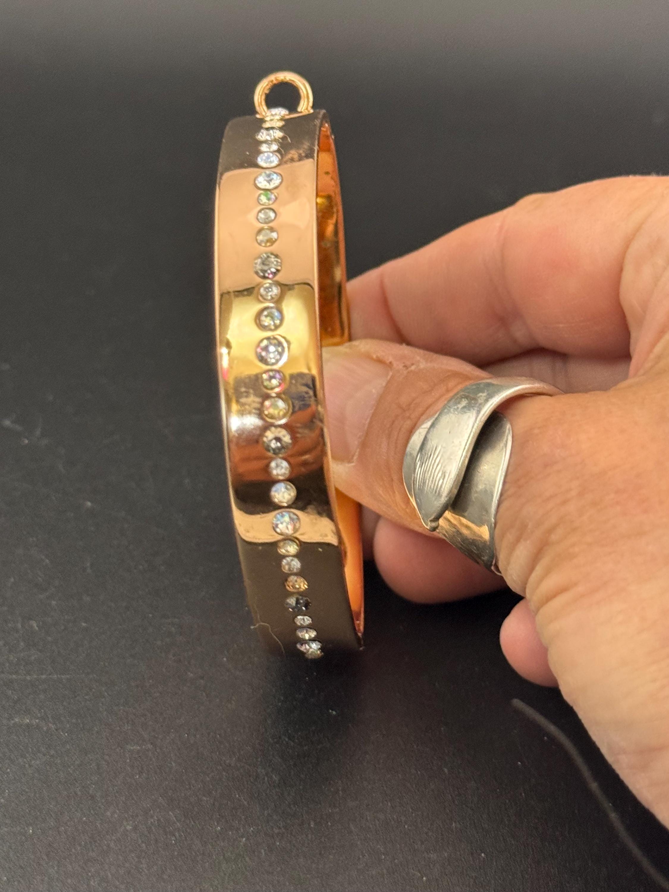 retro designer NIKKI LISSONI signed copper gold plated 1.5cm wide diamanté crystal set bangle bracelet for charms