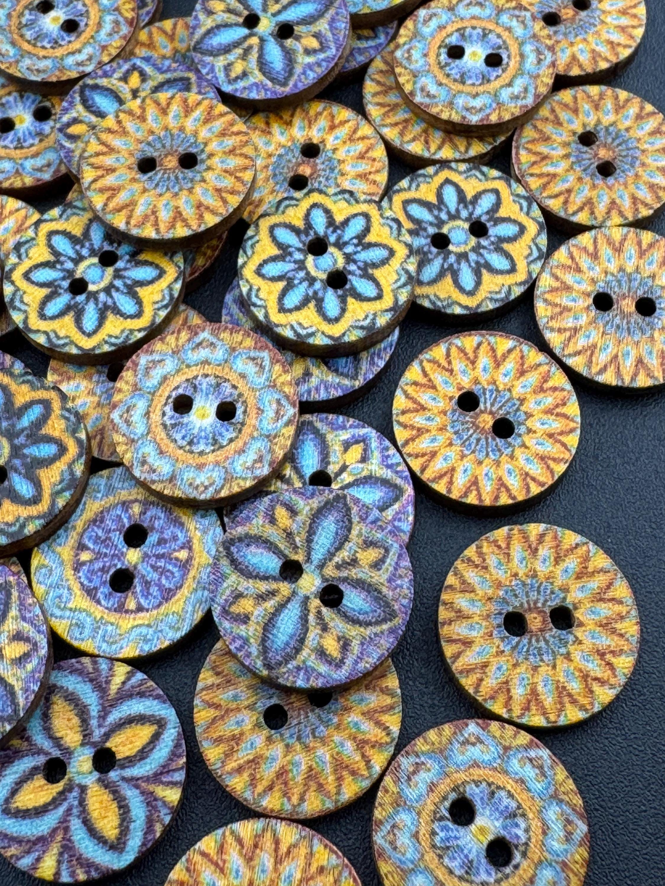 Pack of 50, 15mm round natural wooden colourful boho blue yellow patterned buttons