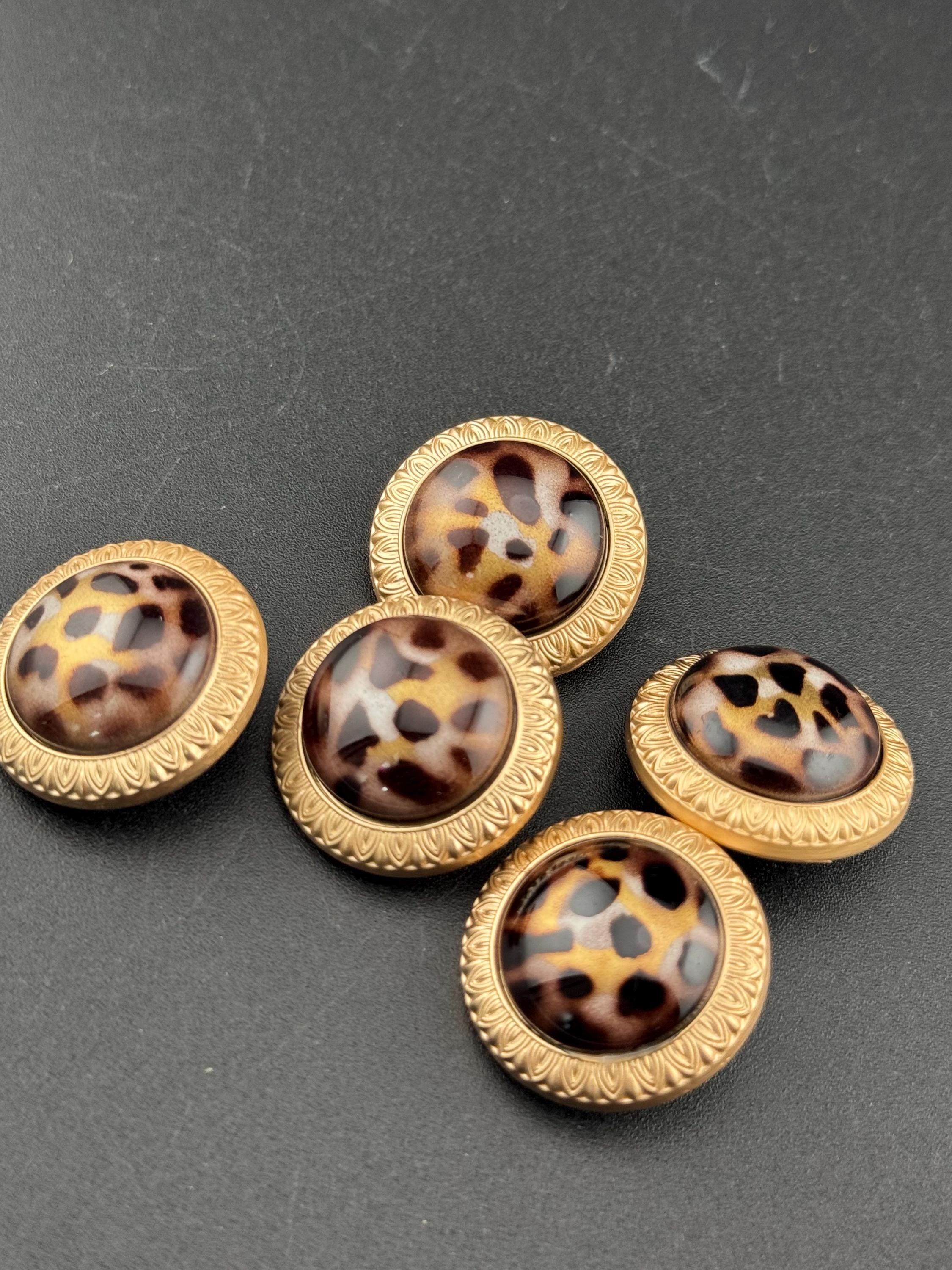 Leopard Print Shank Buttons: Beige Brown Acrylic & Metal, 5 pack