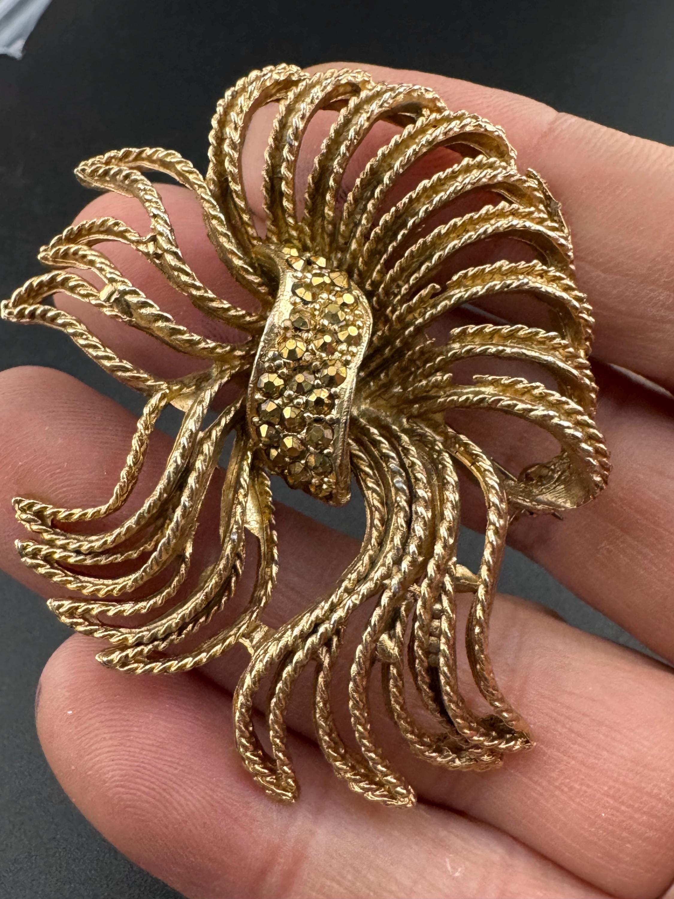 Vintage signed Capri large abstract bow brooch gold tone set with faux marcasite 6cm long