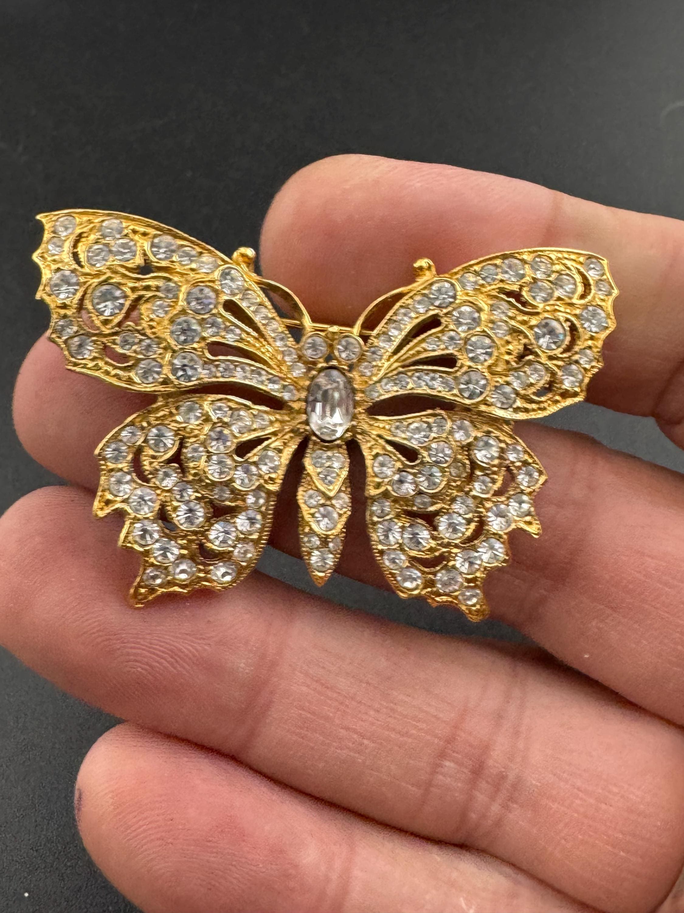 signed Attwood & Sawyer gold tone clear glass diamante rhinestone paste novelty butterfly brooch