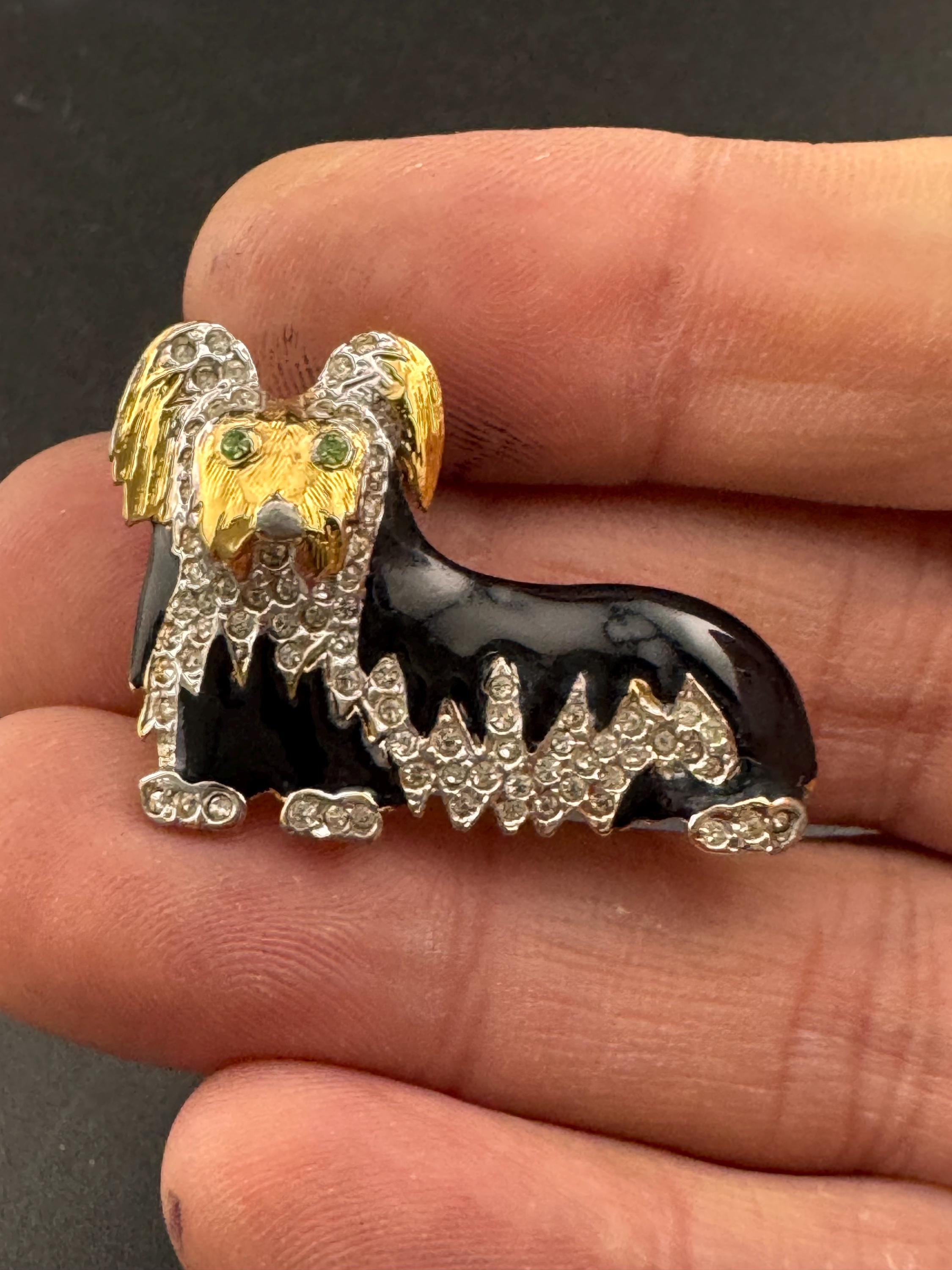 signed D'orlan Vintage novelty black enamel and diamanté rhinestone small dog brooch designer