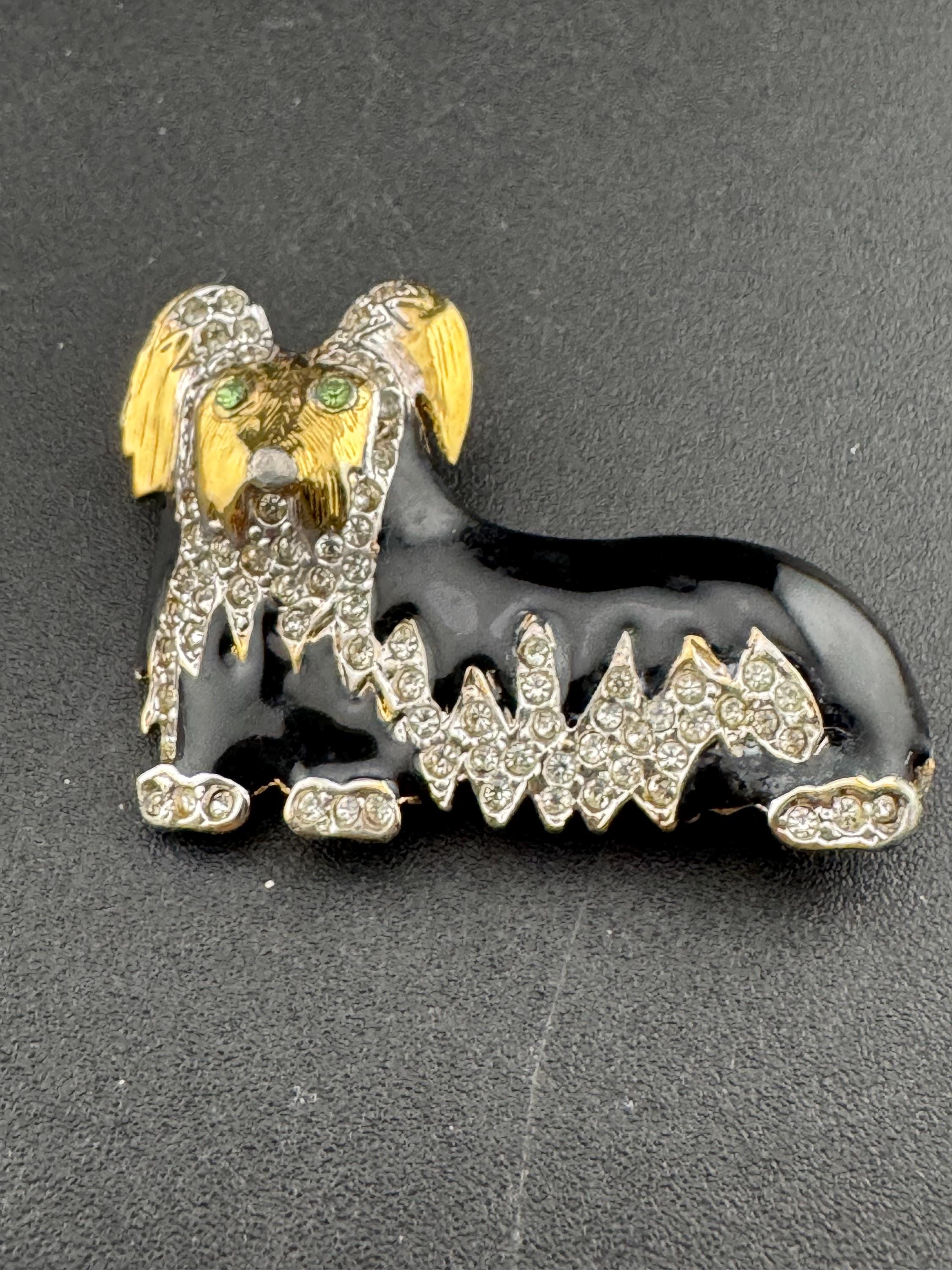 signed D'orlan Vintage novelty black enamel and diamanté rhinestone small dog brooch designer