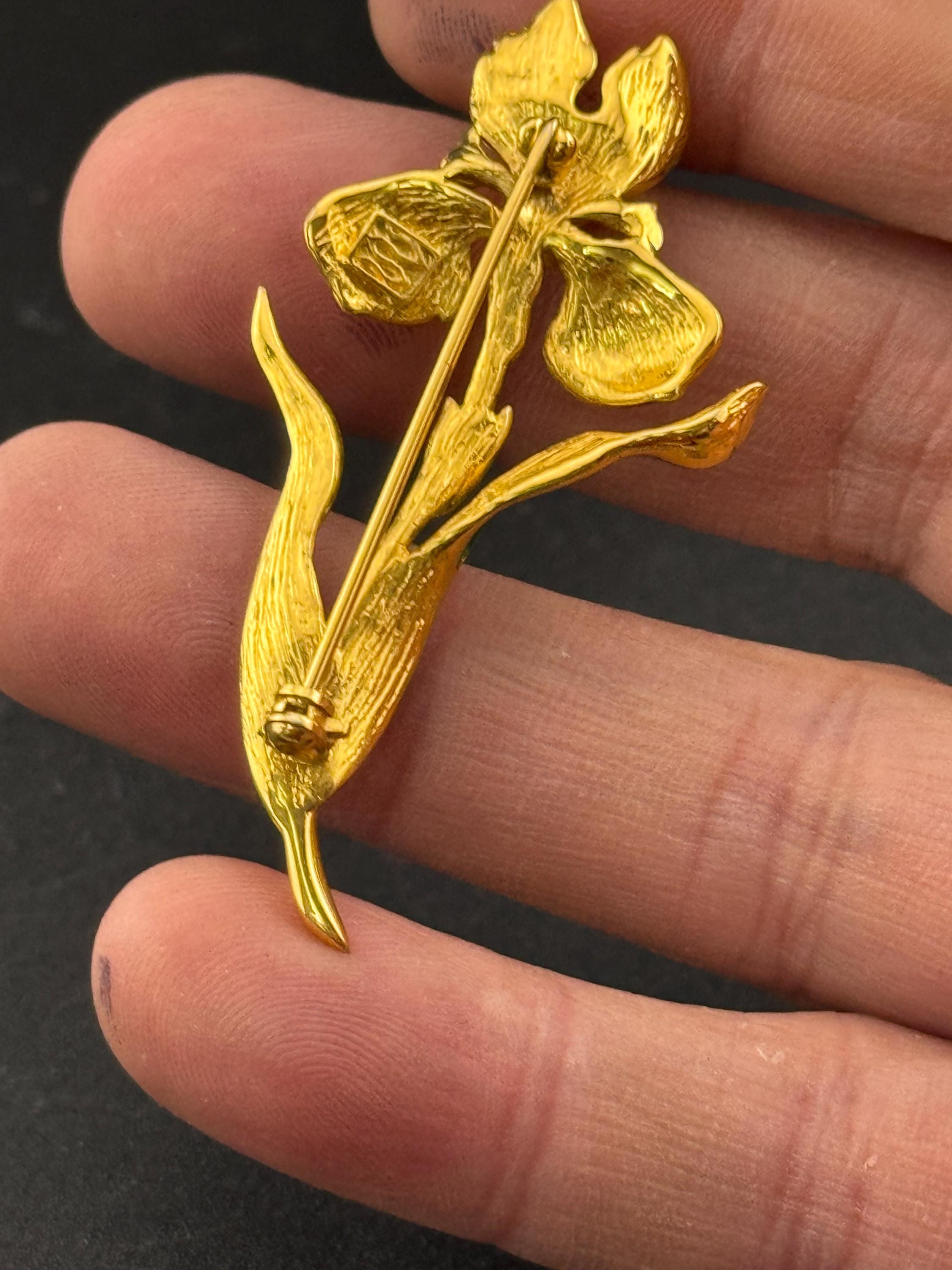 Vintage signed yellow green enamel orchid flower brooch