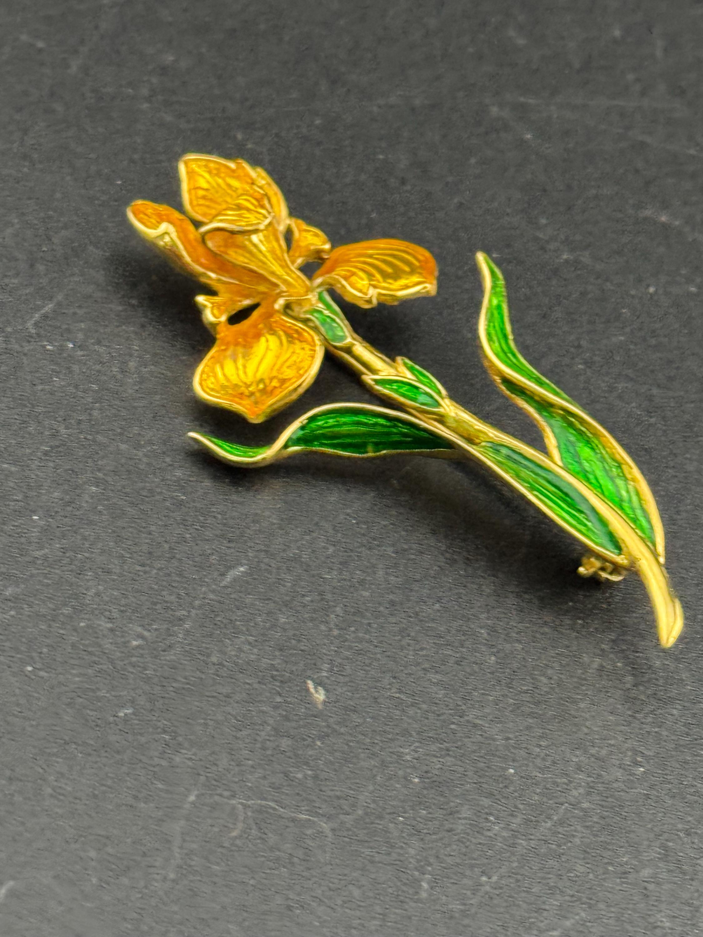 Vintage signed yellow green enamel orchid flower brooch