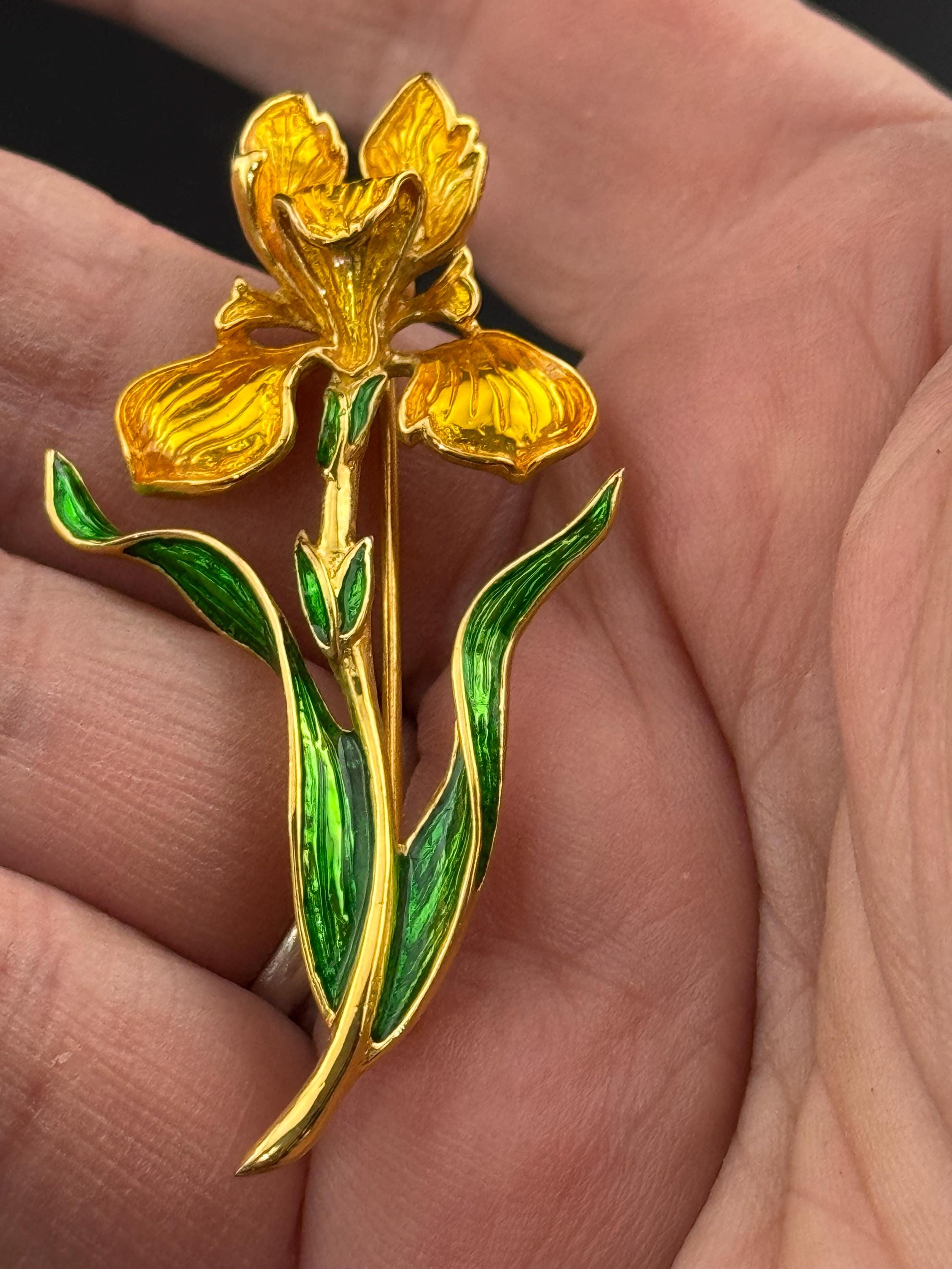 Vintage signed yellow green enamel orchid flower brooch