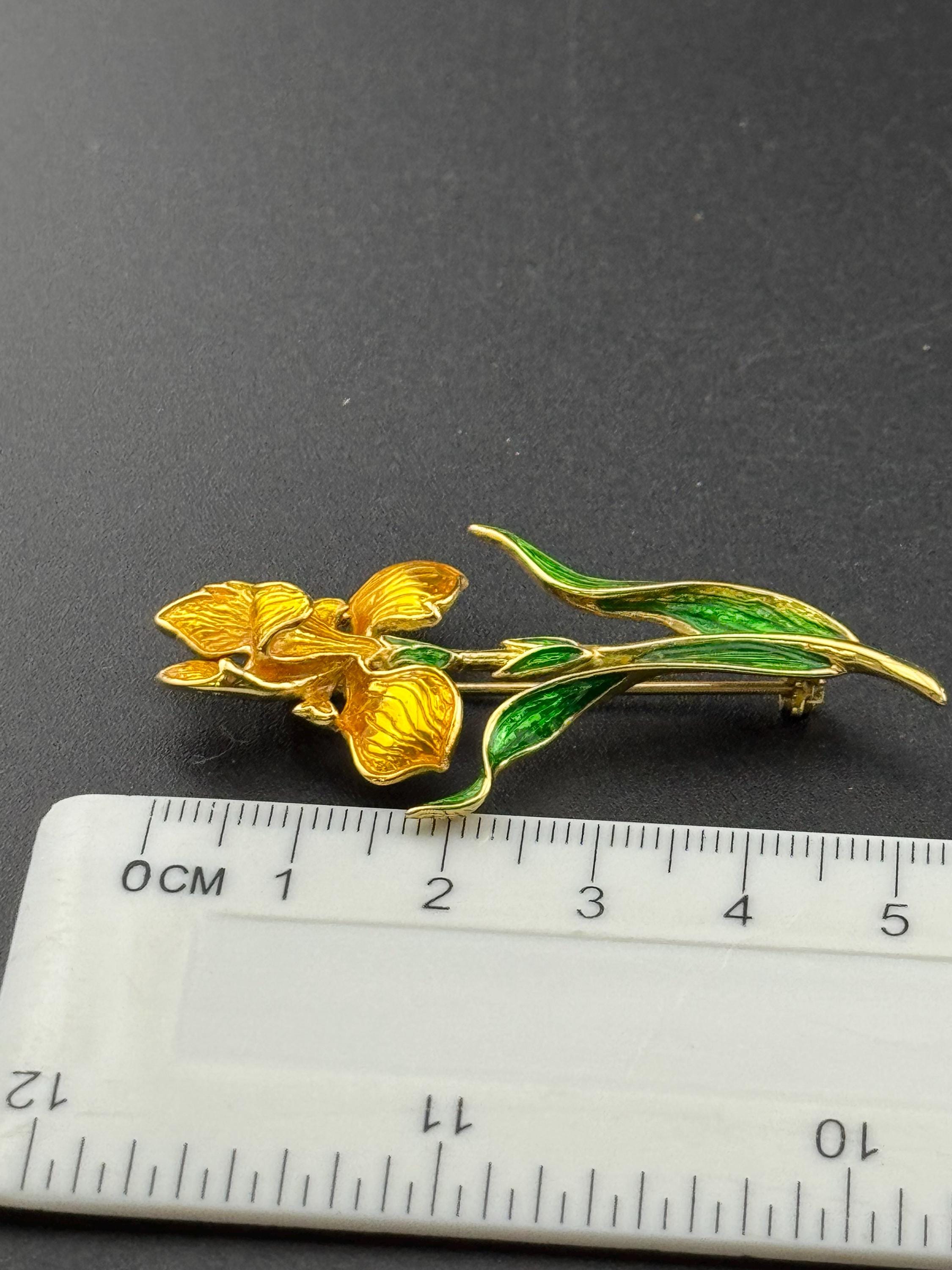 Vintage signed yellow green enamel orchid flower brooch